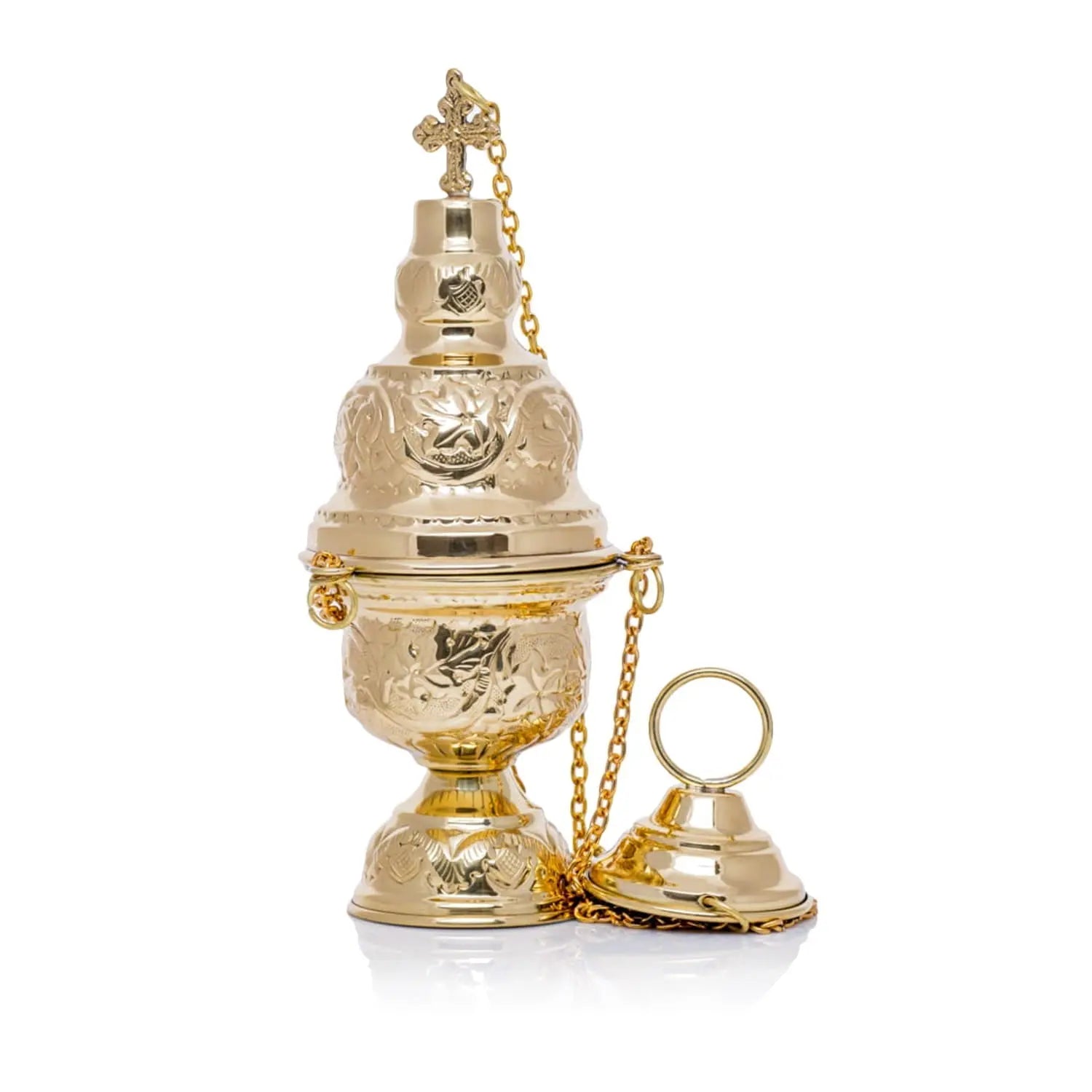 Encensoir en laiton avec ornement floral et croix – 24 cm