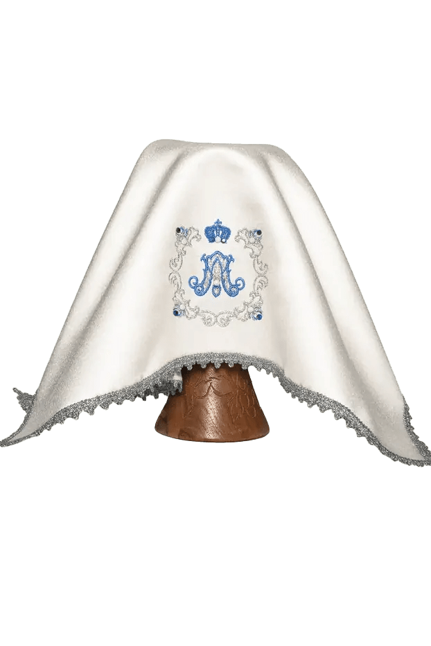 Voile pour calice en écru avec broderie mariale bleue
