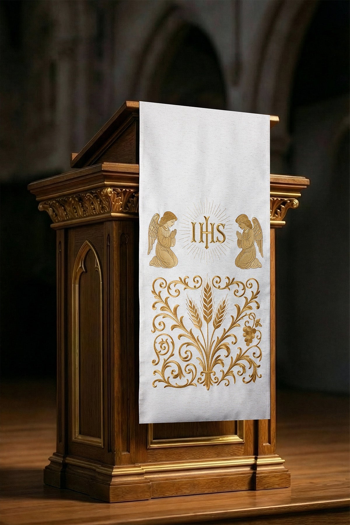 White Lectern Cover with IHS and Adoring Angels - HAFTINA ATELIER