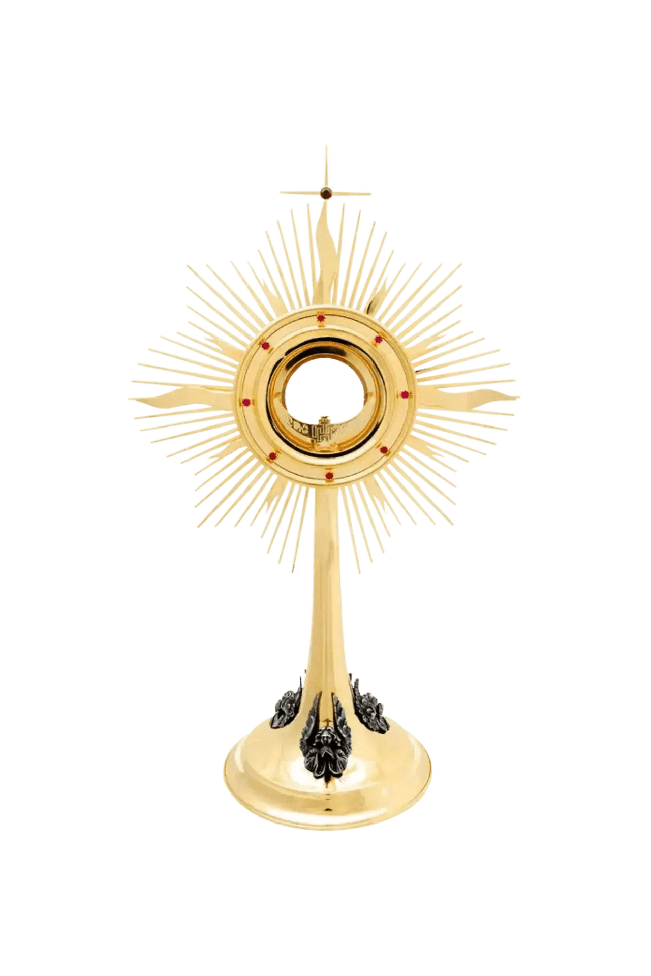 Monstrance en laiton doré avec anges argentés et rubis