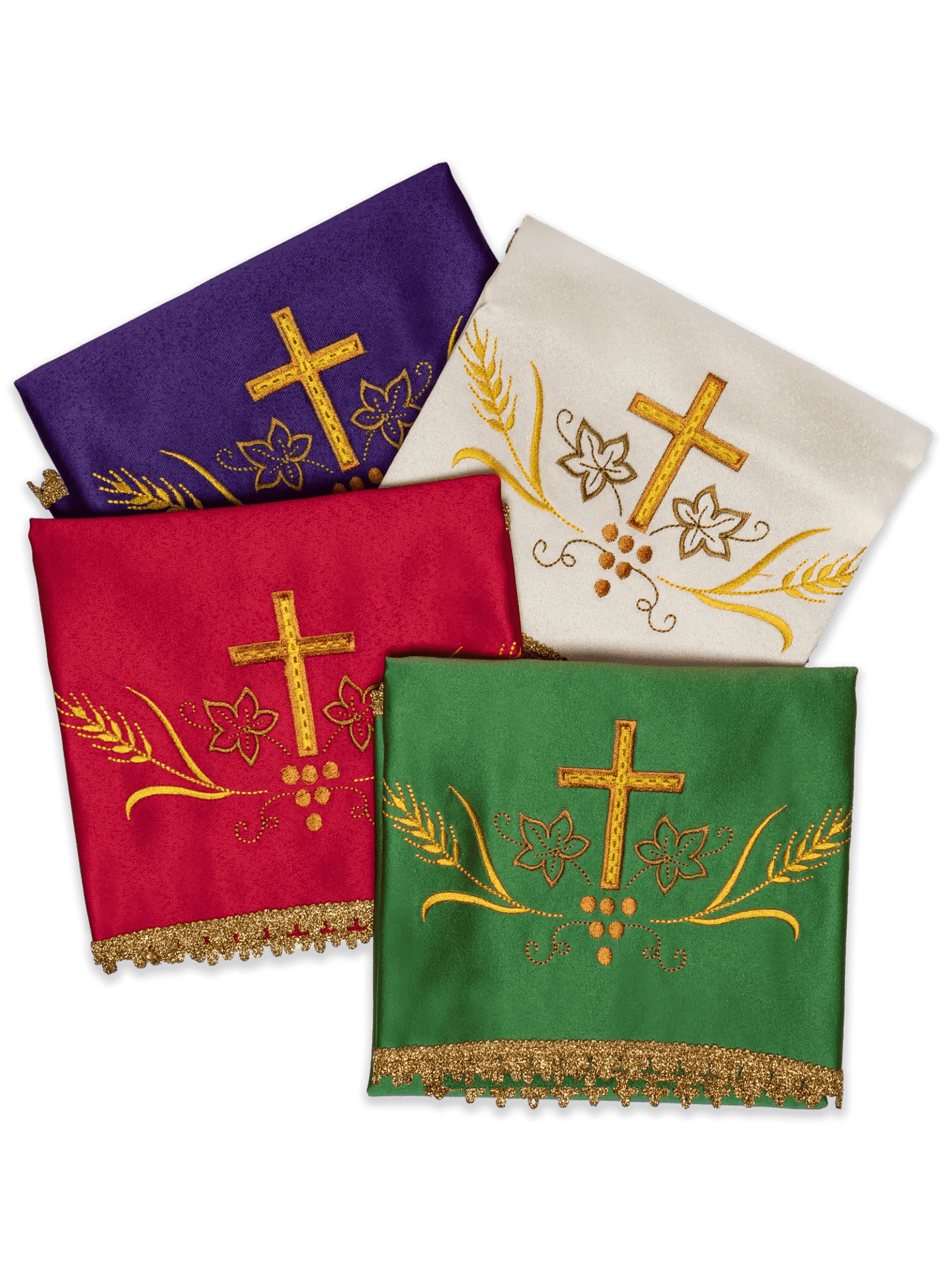 Ensemble de quatre voiles pour calice avec broderie de croix dorée