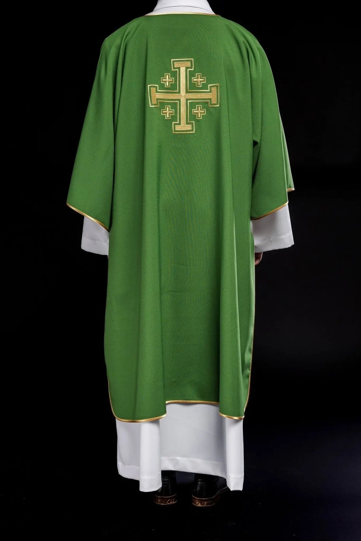 Green Dalmatian with embroidered gold crosses