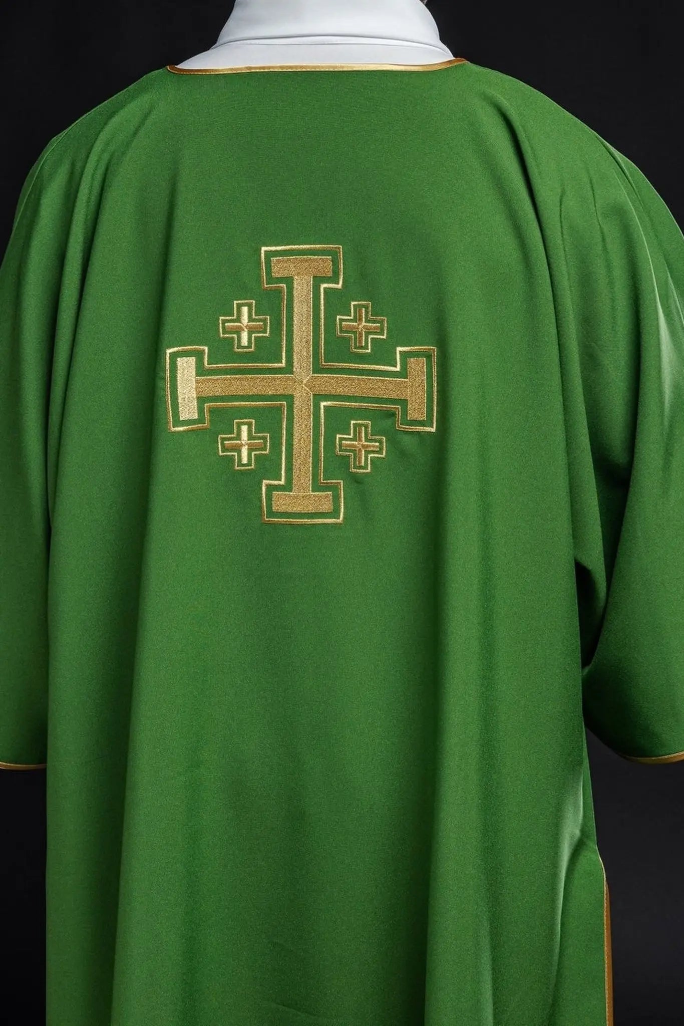 Green Dalmatian with embroidered gold crosses