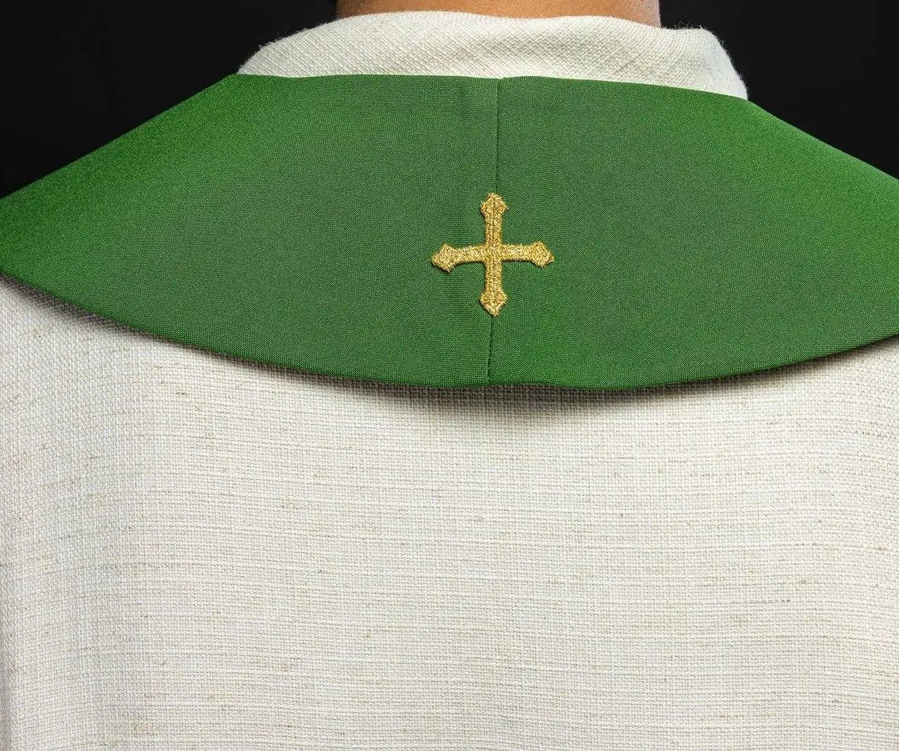 Green embroidered priest's stole with motif Fish Bread Cross