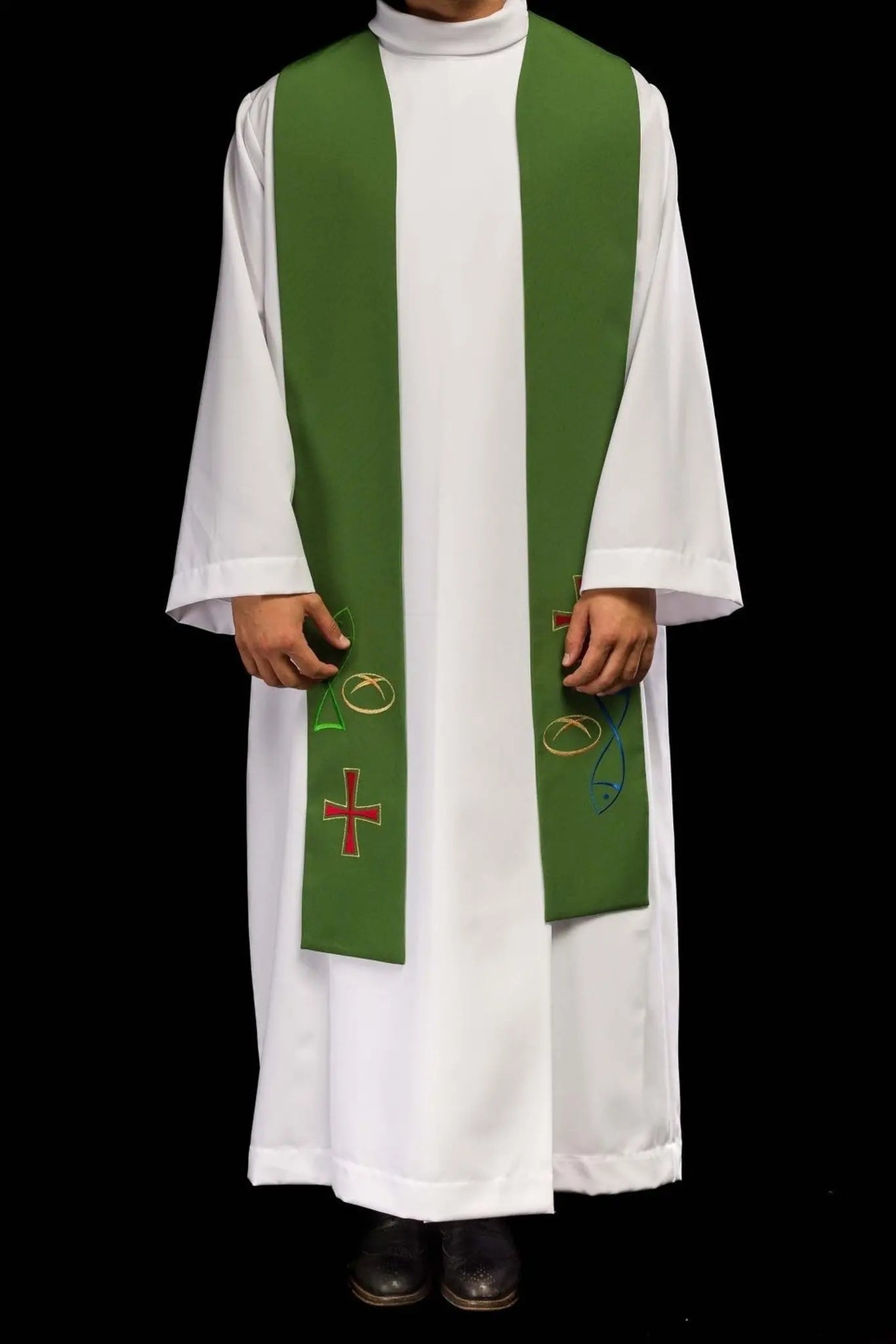 Étola de prêtre verte brodée avec motif Poisson Pain Croix