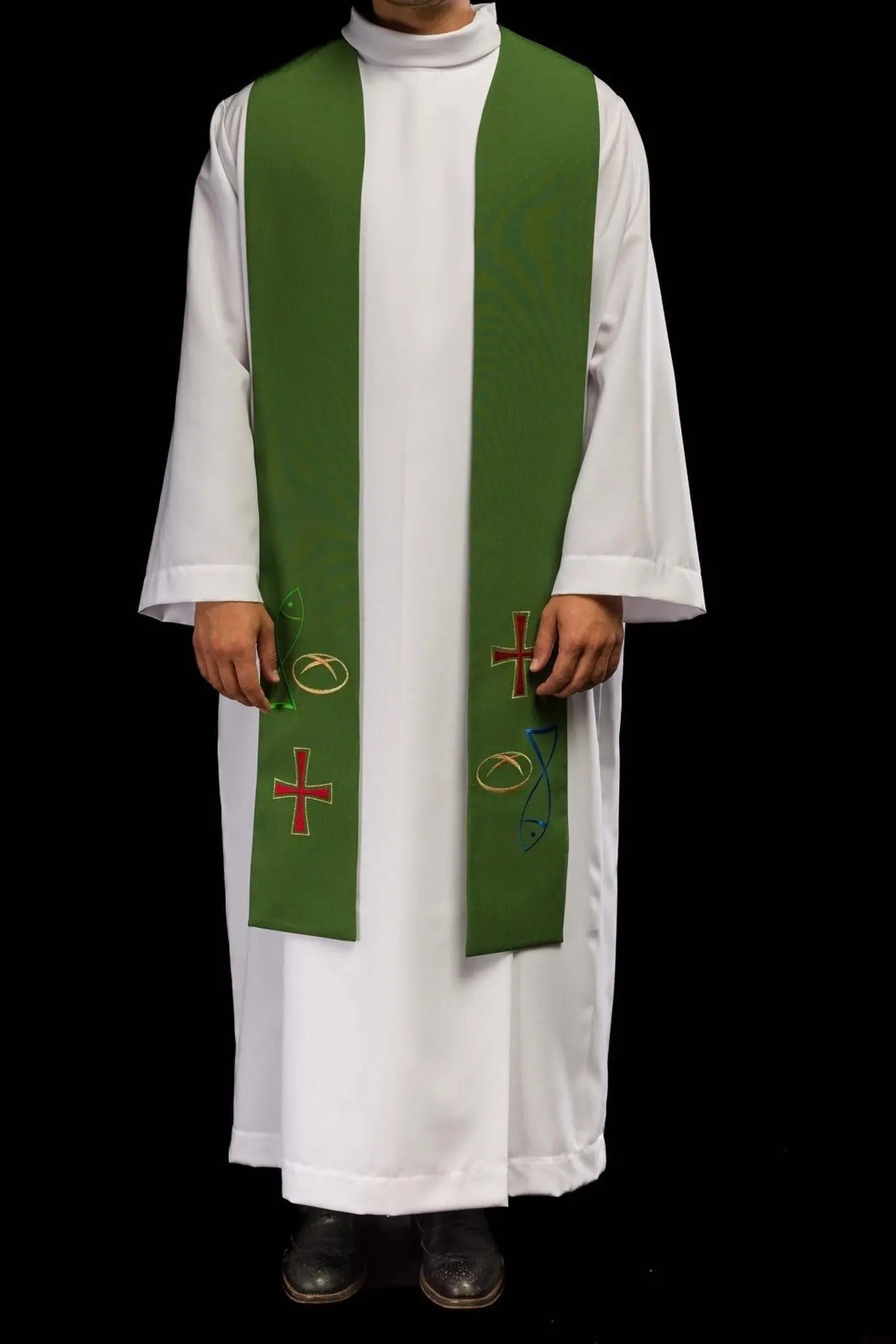 Étola de prêtre verte brodée avec motif Poisson Pain Croix