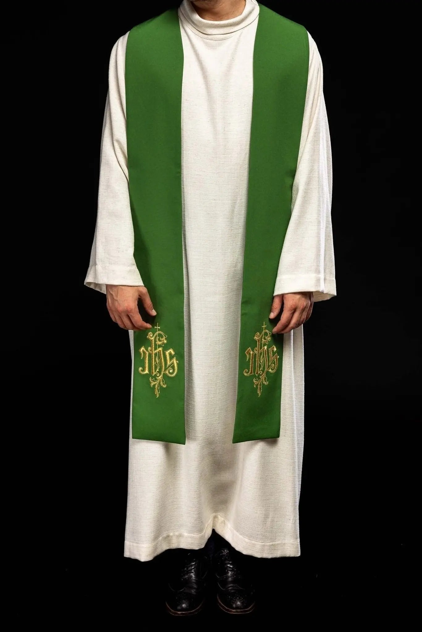 Green stole with IHS embroidery