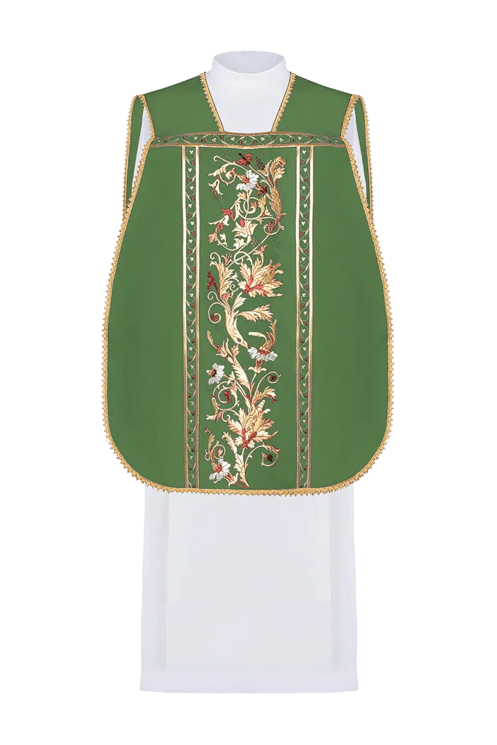 Chasuble romaine verte brodée avec motif IHS