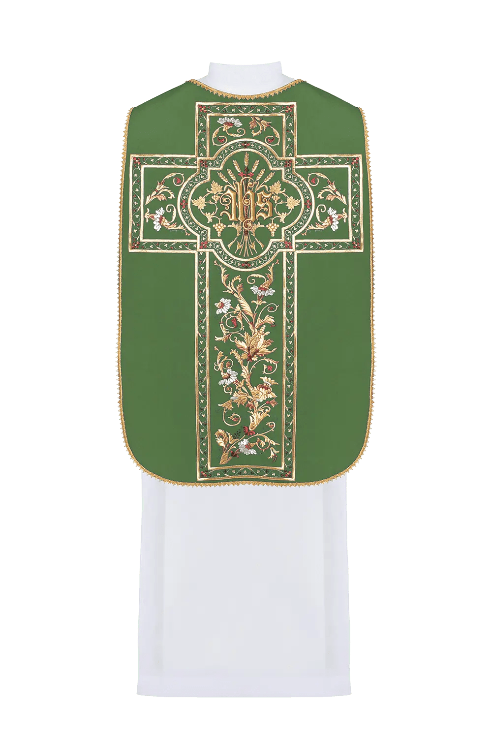 Chasuble romaine verte brodée avec motif IHS