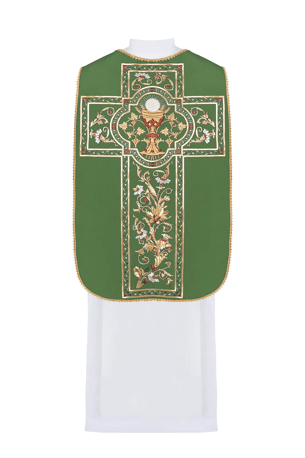 Chasuble romaine verte brodée avec motif de calice eucharistique