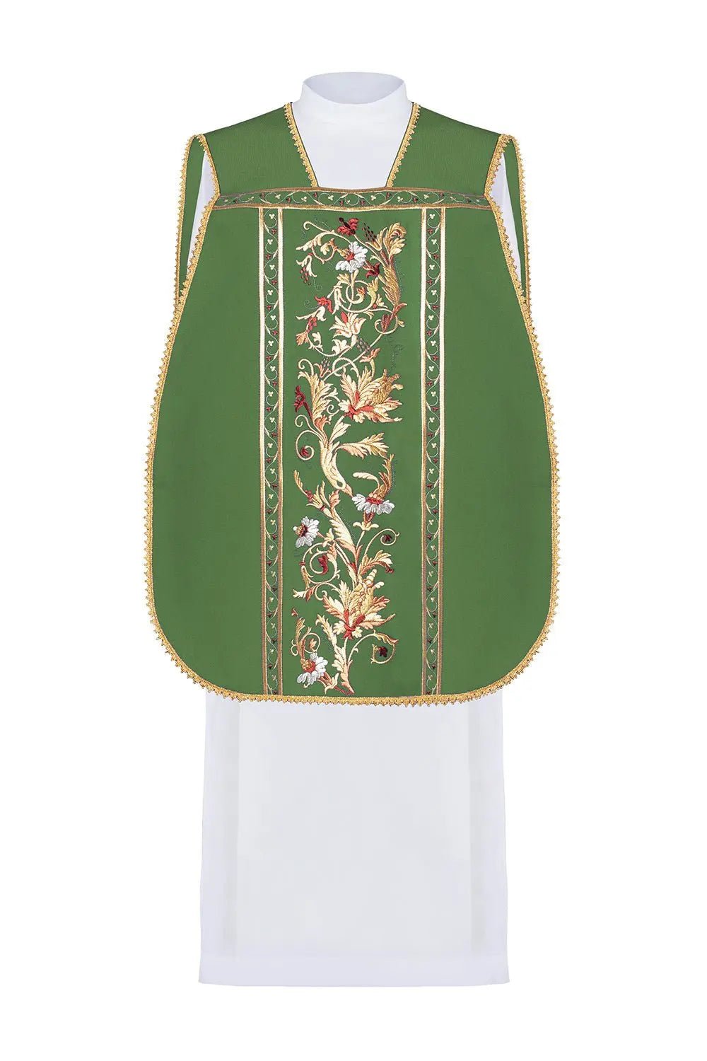 Chasuble romaine verte brodée avec motif de calice eucharistique