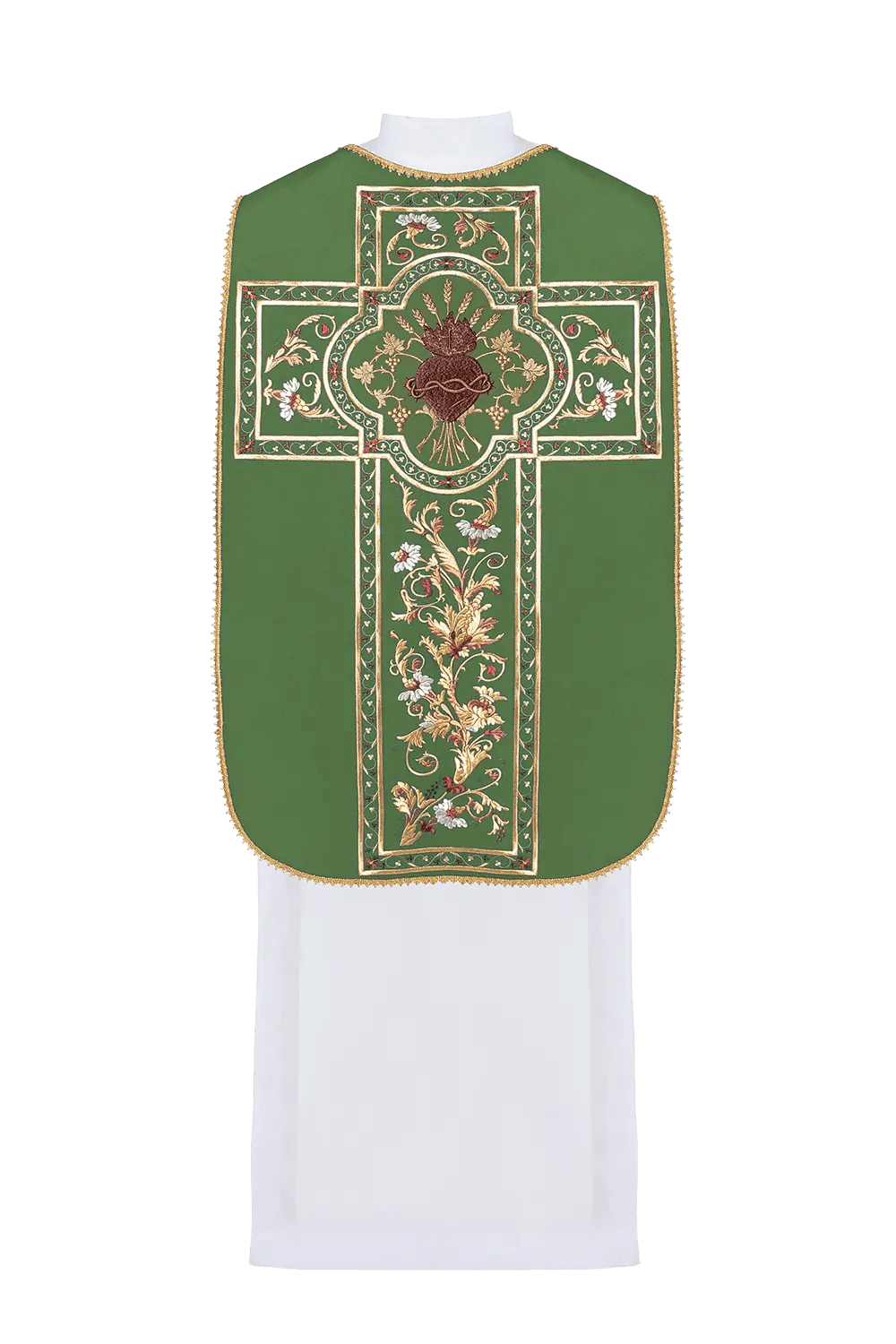 Chasuble romaine verte brodée avec le motif du Cœur de Jésus-Christ