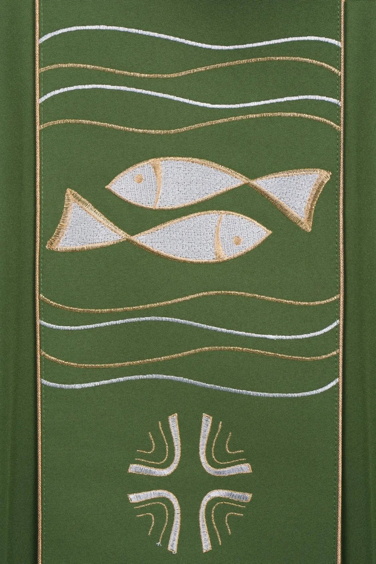 Green chasuble with cross and fish embroidery