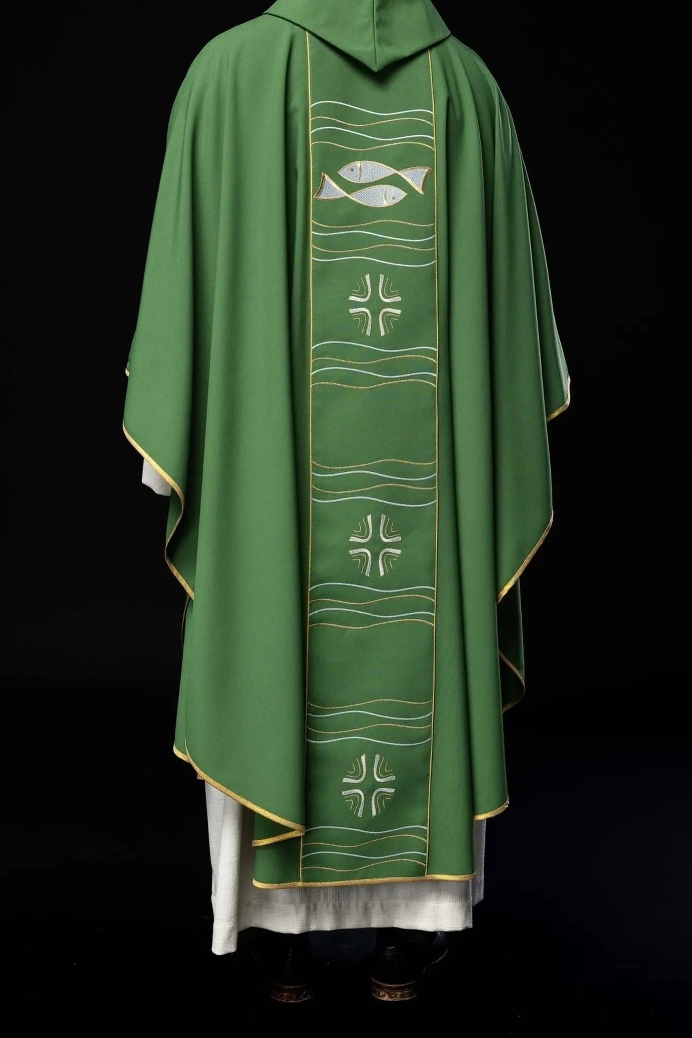 Green chasuble with cross and fish embroidery