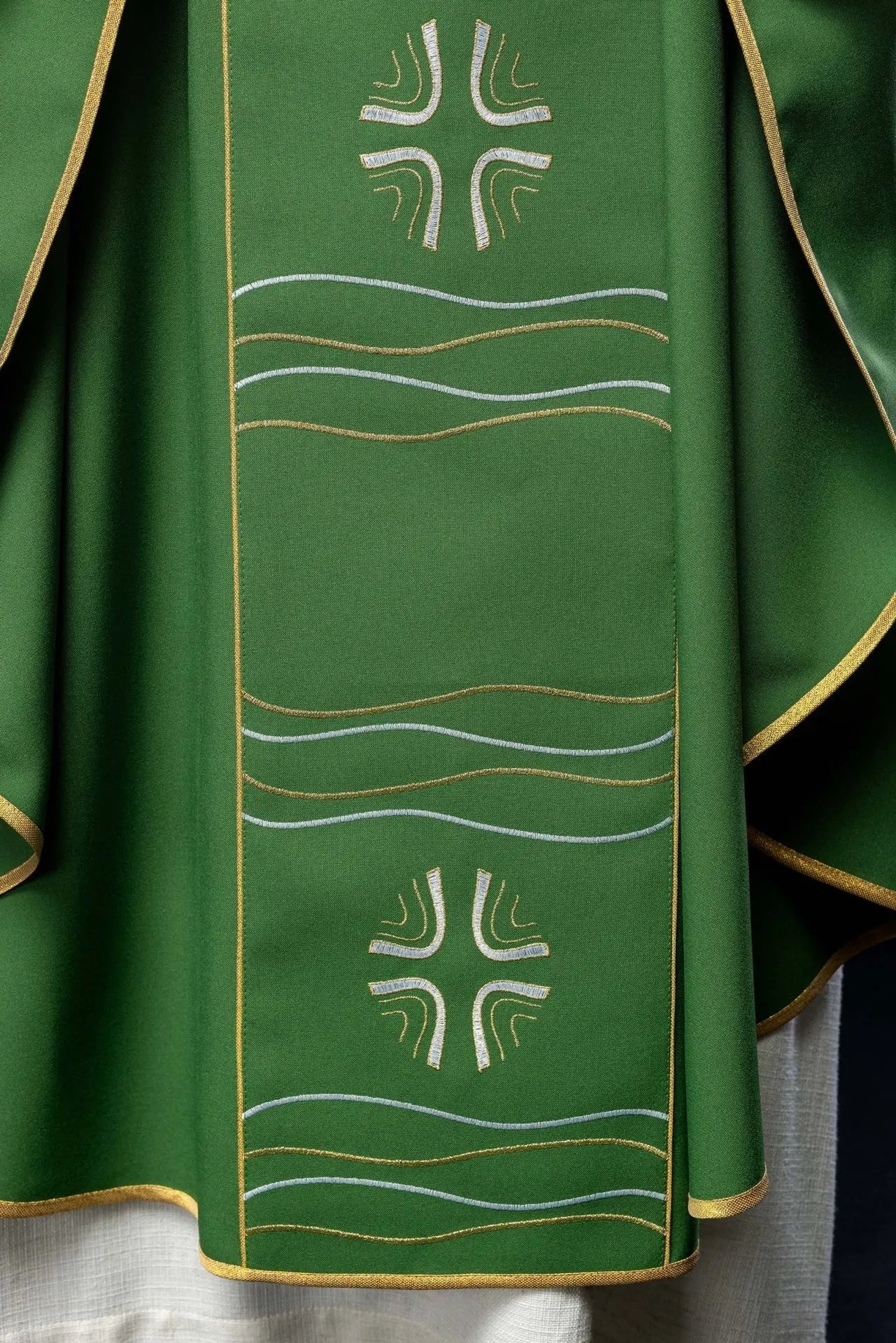 Green chasuble with cross and fish embroidery