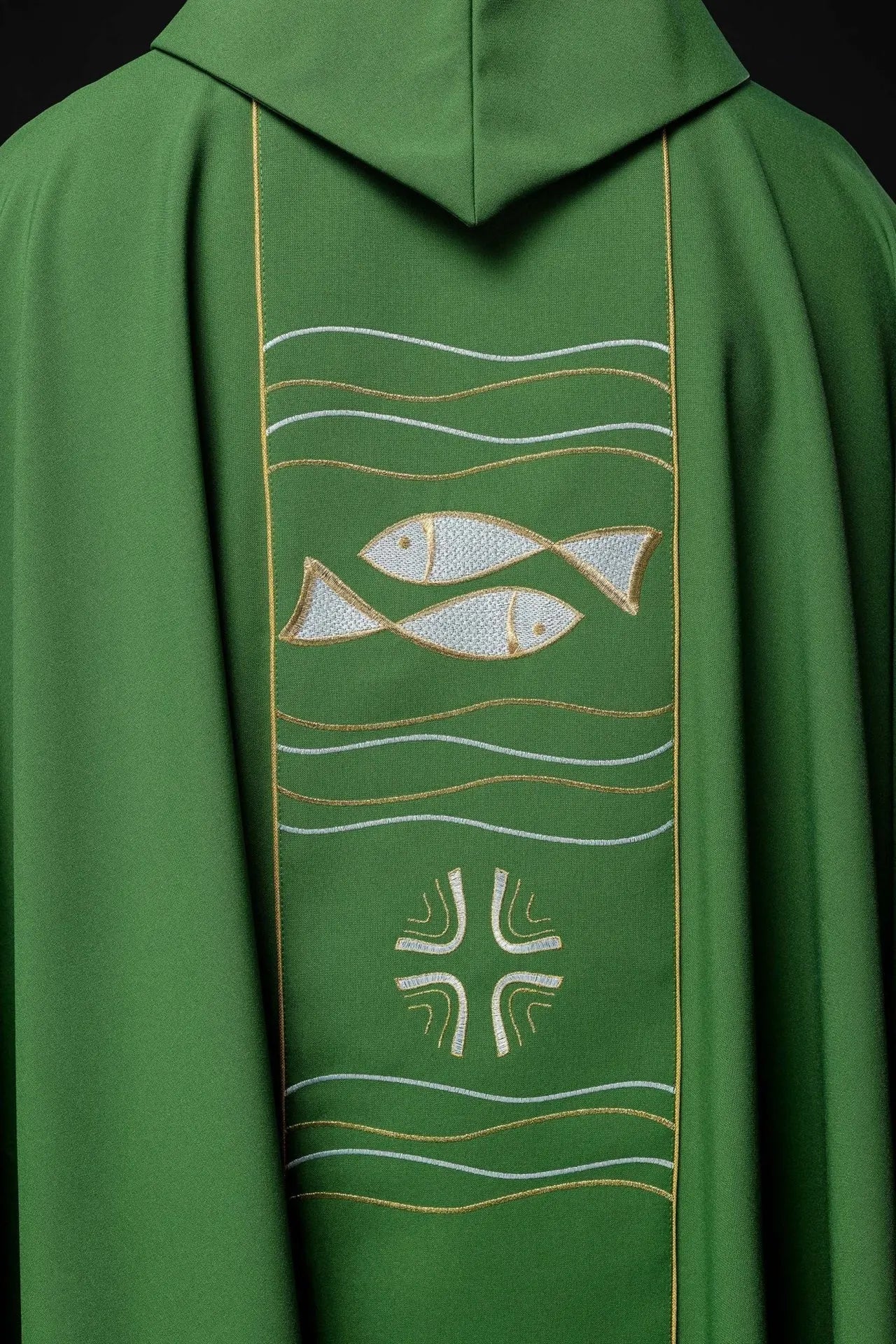 Green chasuble with cross and fish embroidery