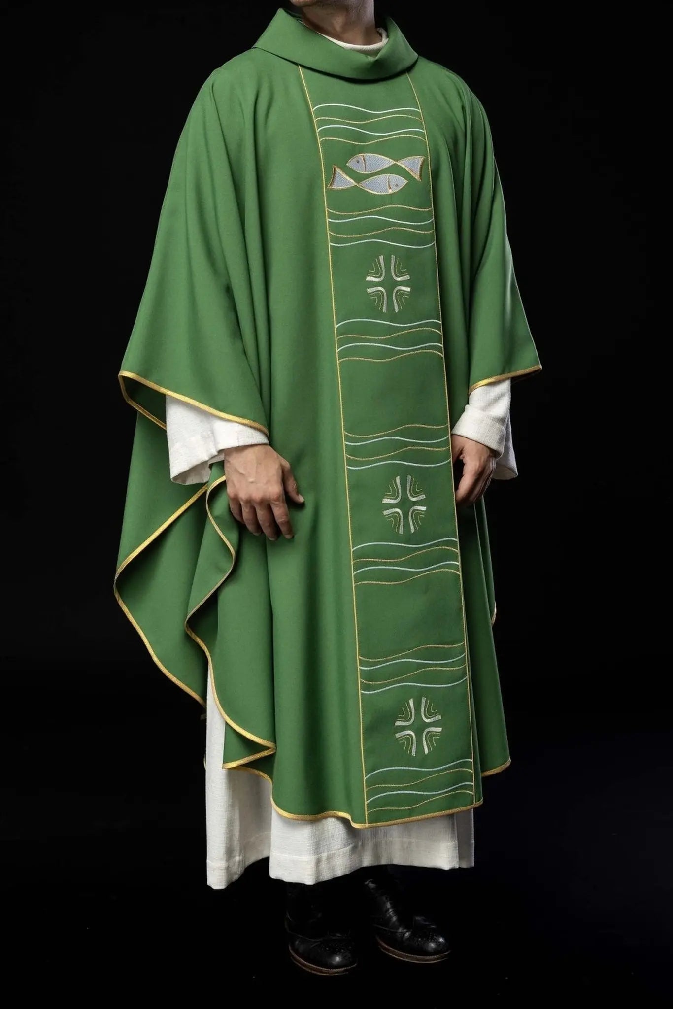 Green chasuble with cross and fish embroidery