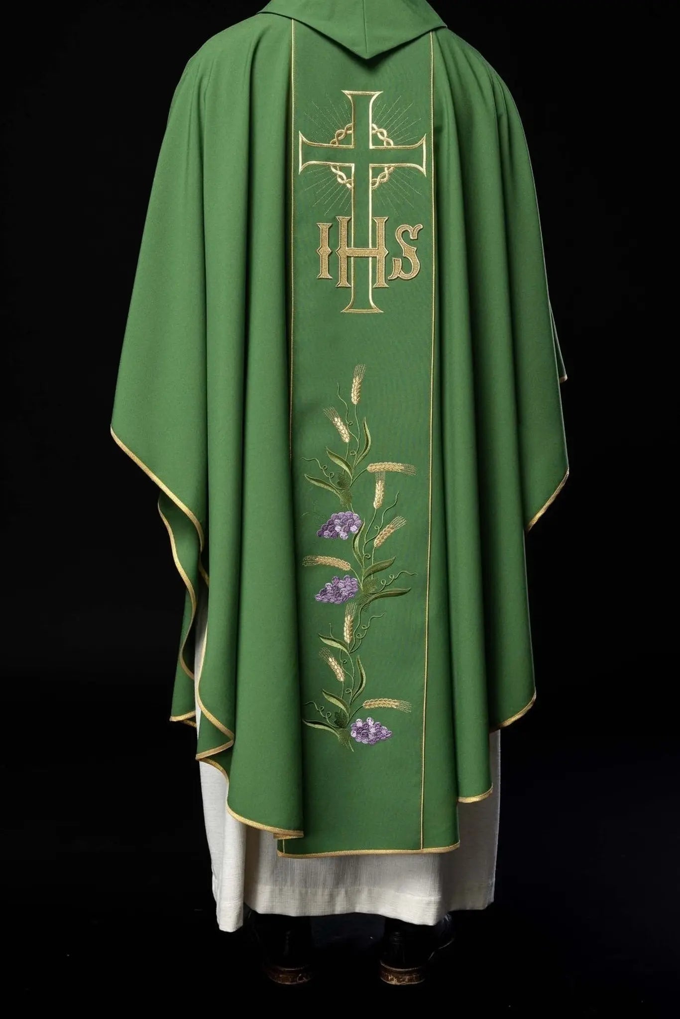 Green chasuble with decorated gold belt with IHS and ears