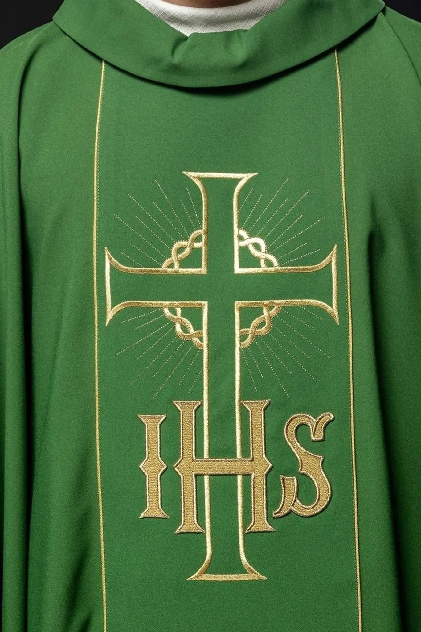Green chasuble with decorated gold belt with IHS and ears