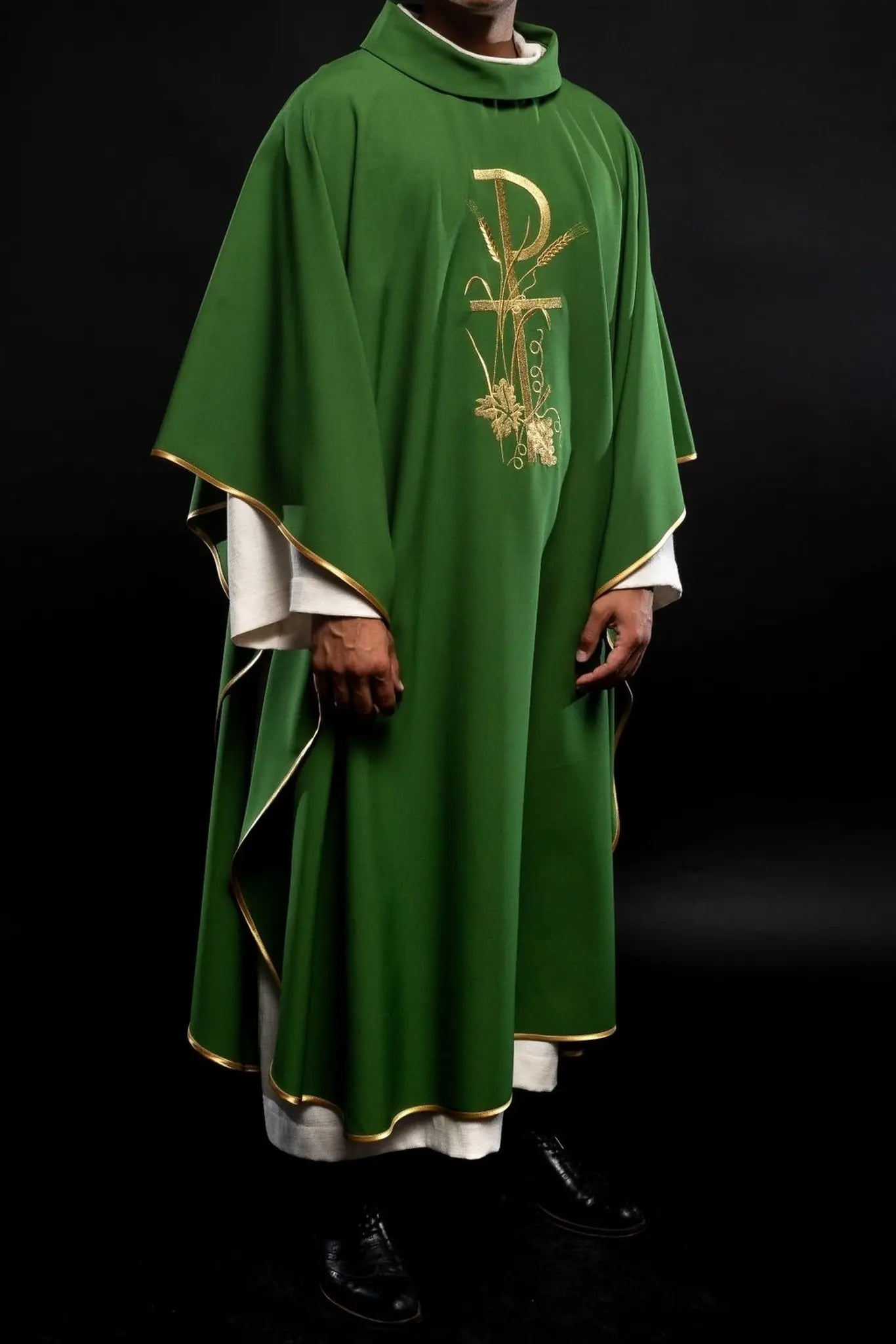 Green chasuble with gold cross embroidery