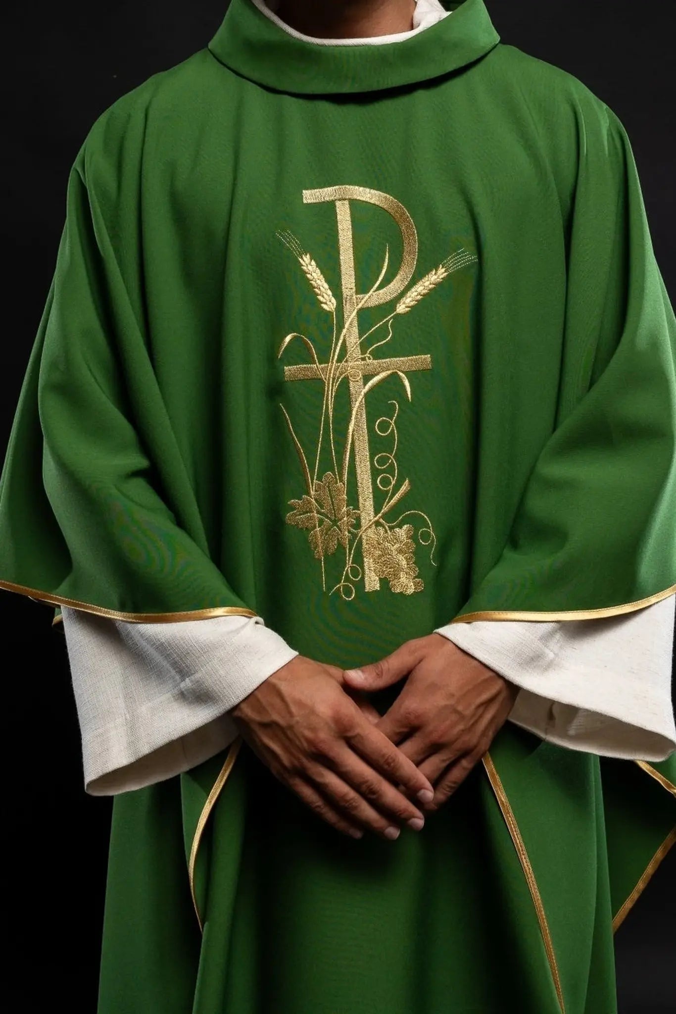 Green chasuble with gold cross embroidery