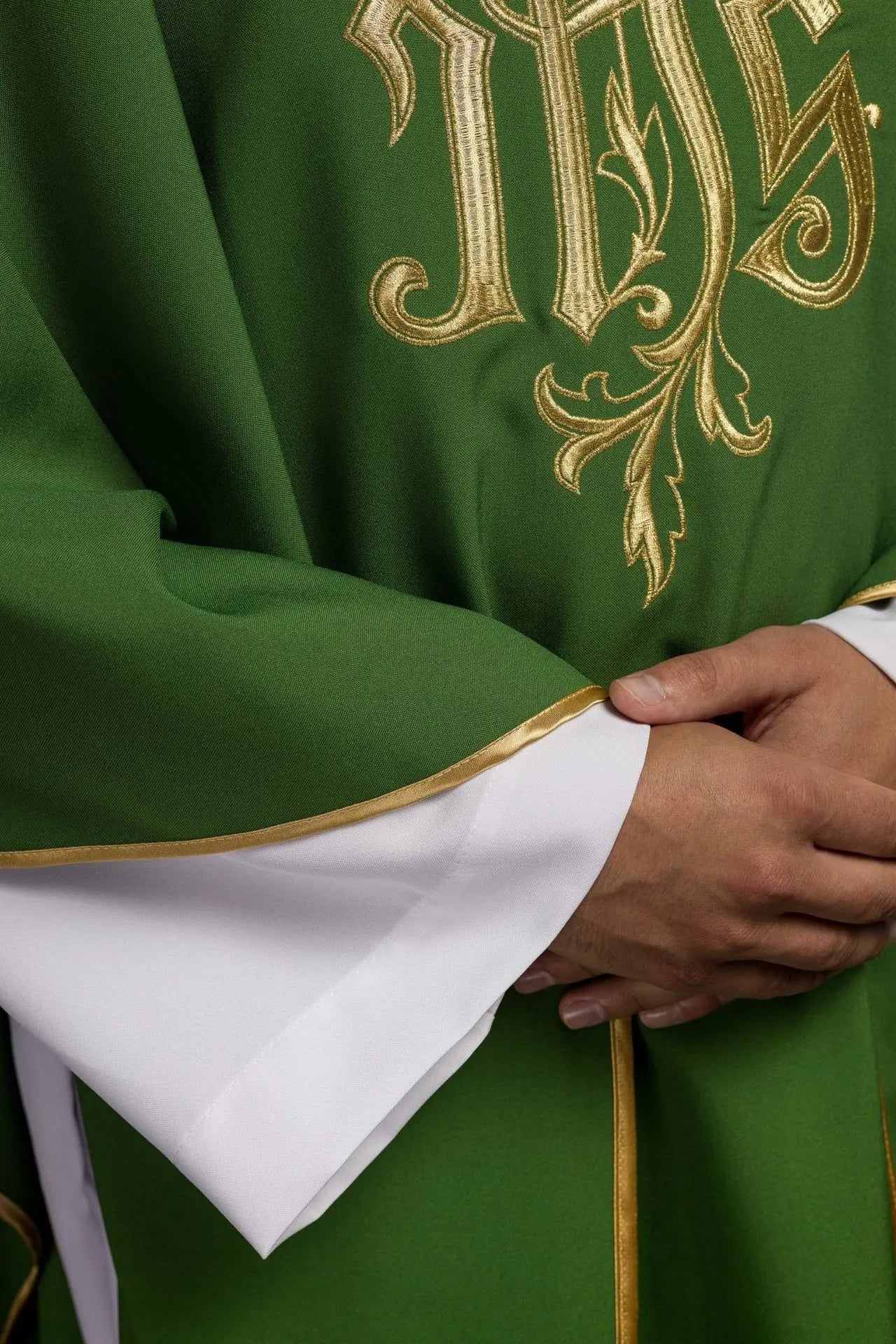 Green chasuble with gold IHS embroidery