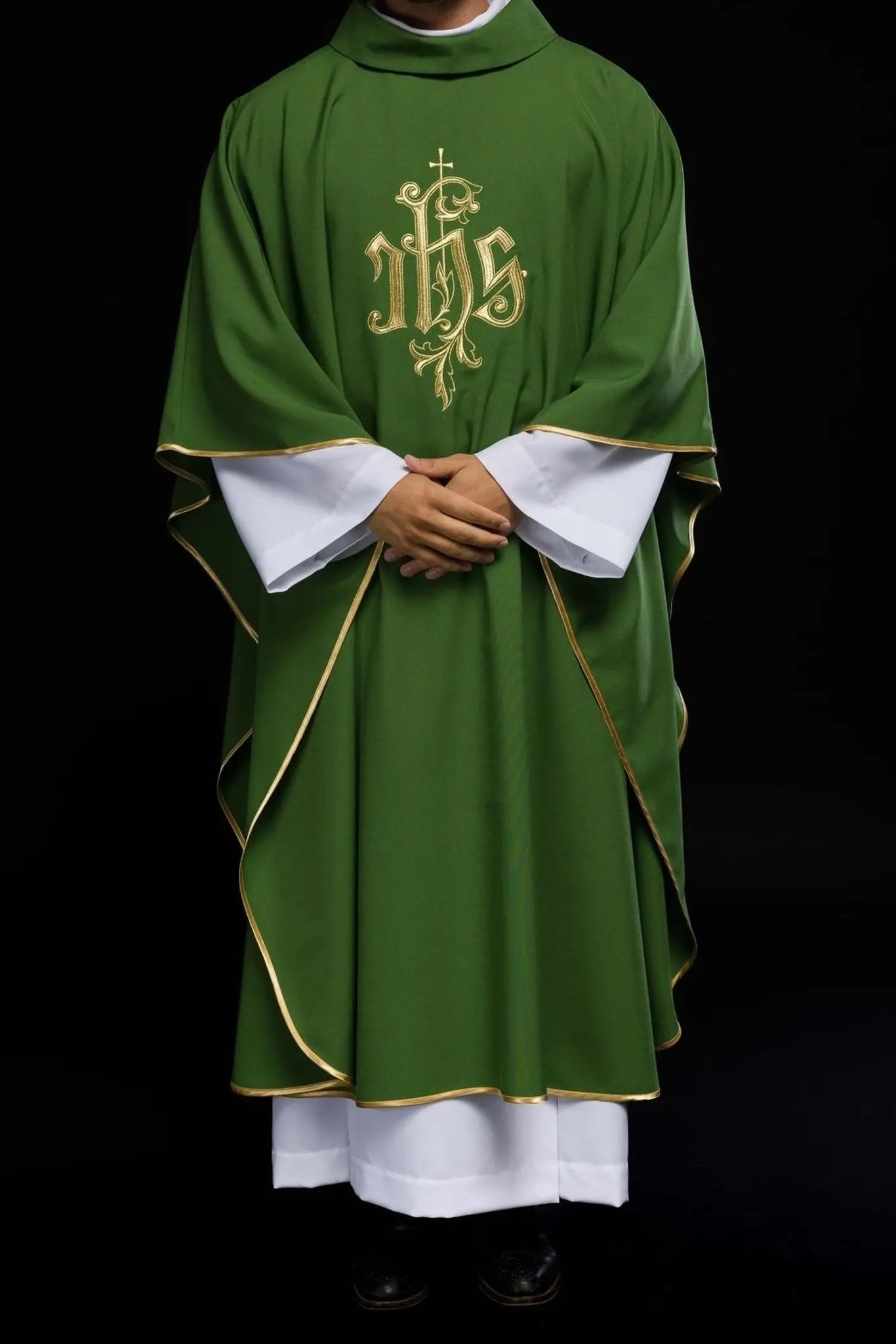 Green chasuble with gold IHS embroidery