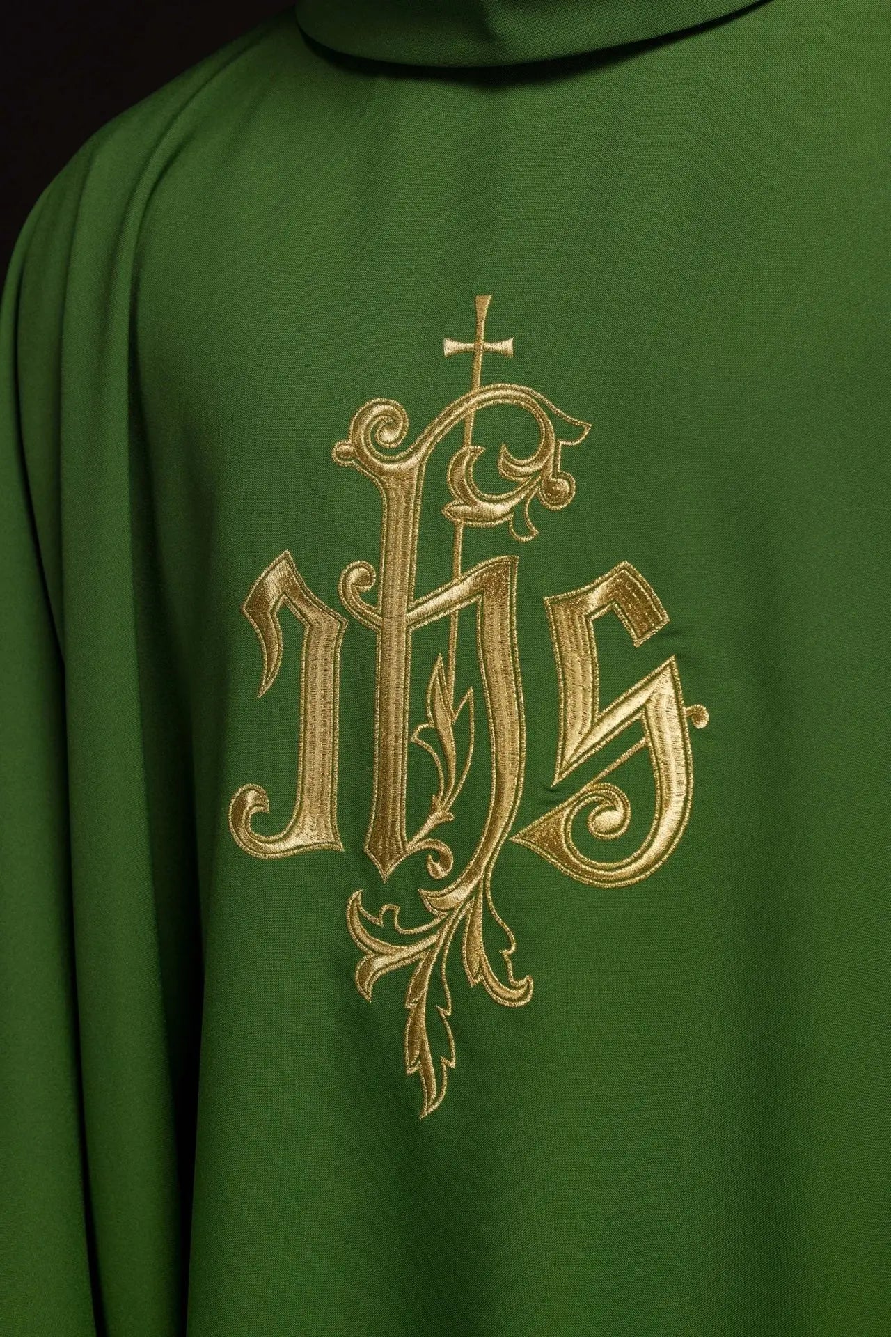 Green chasuble with gold IHS embroidery
