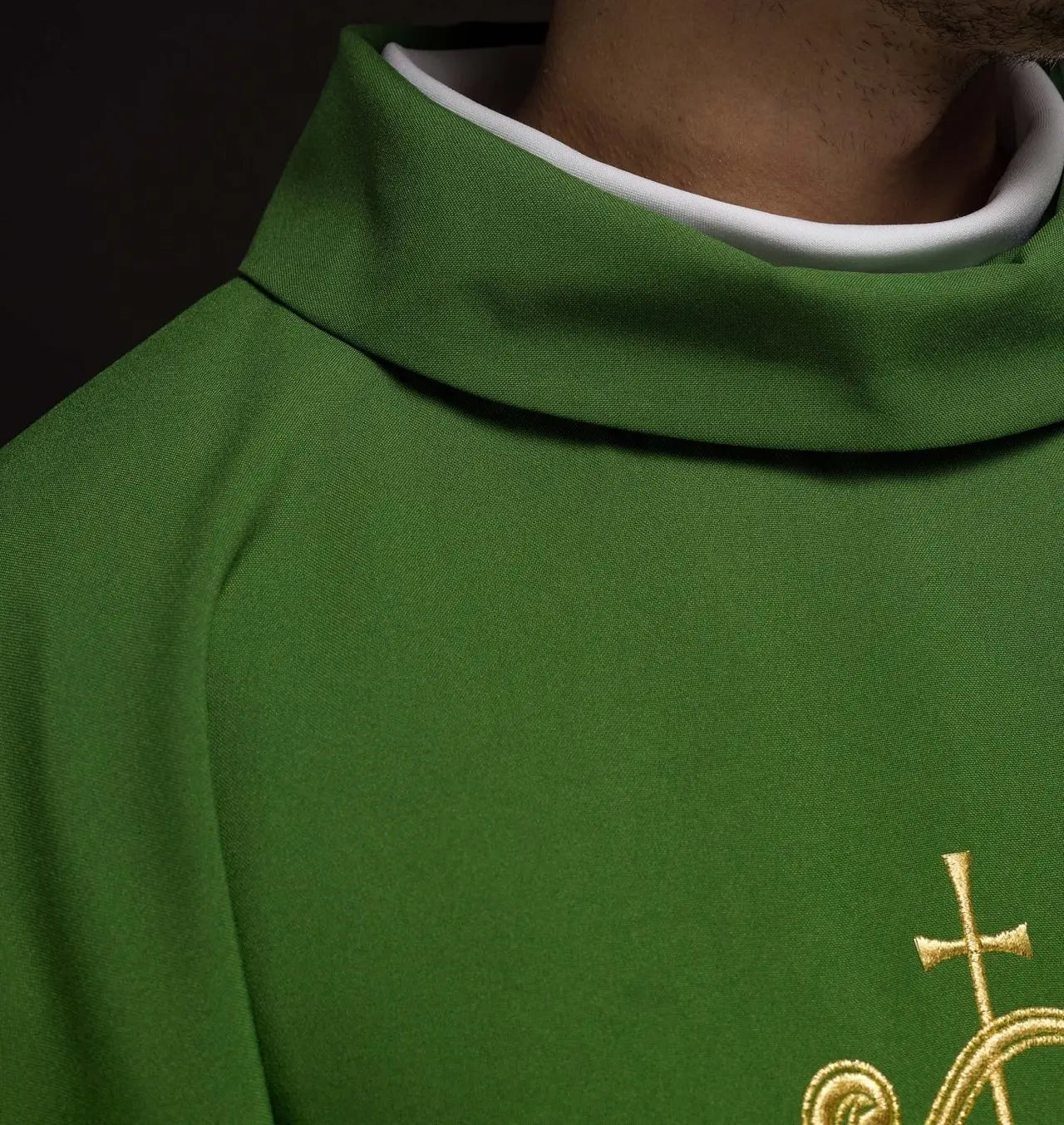 Green chasuble with gold IHS embroidery