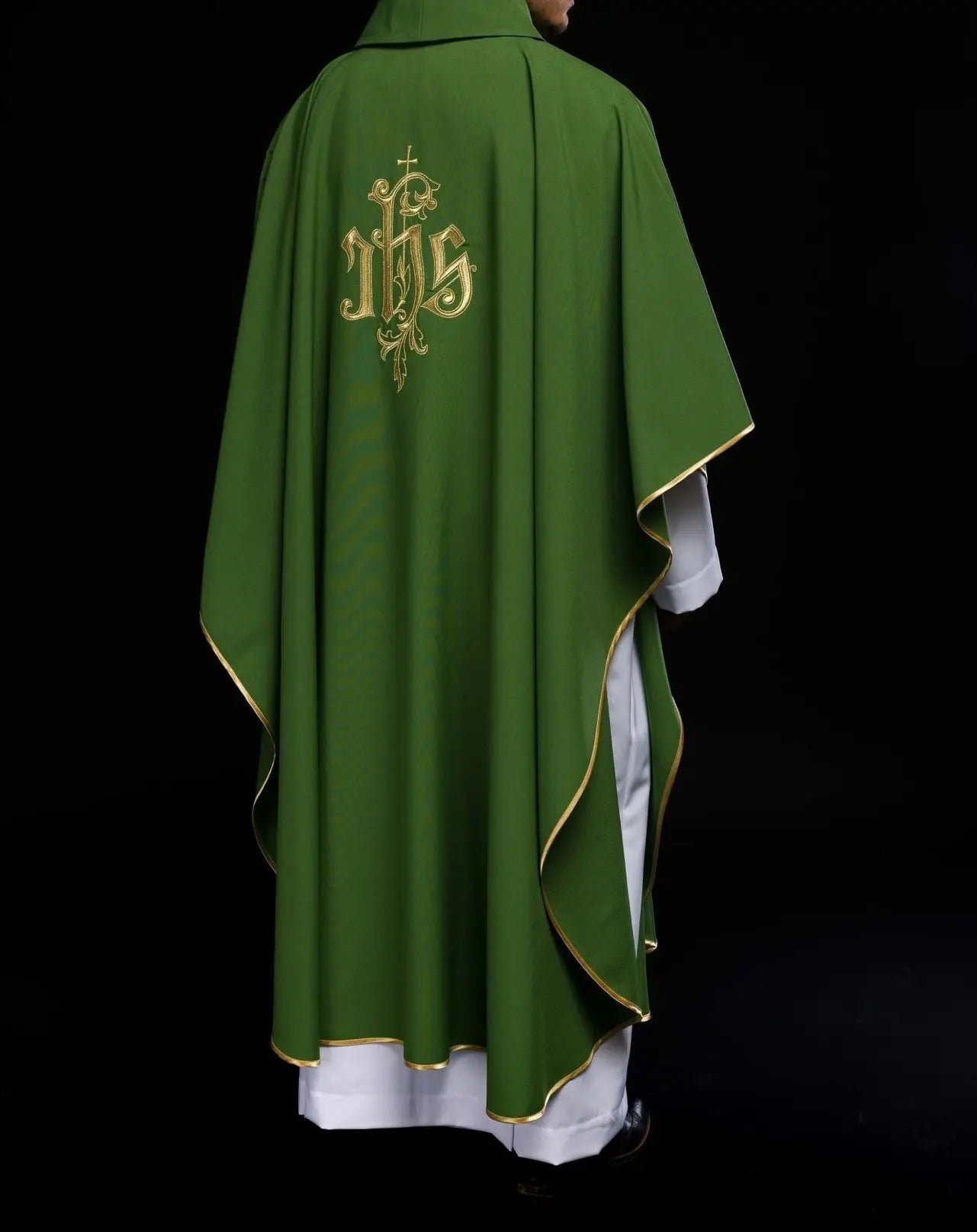 Green chasuble with gold IHS embroidery