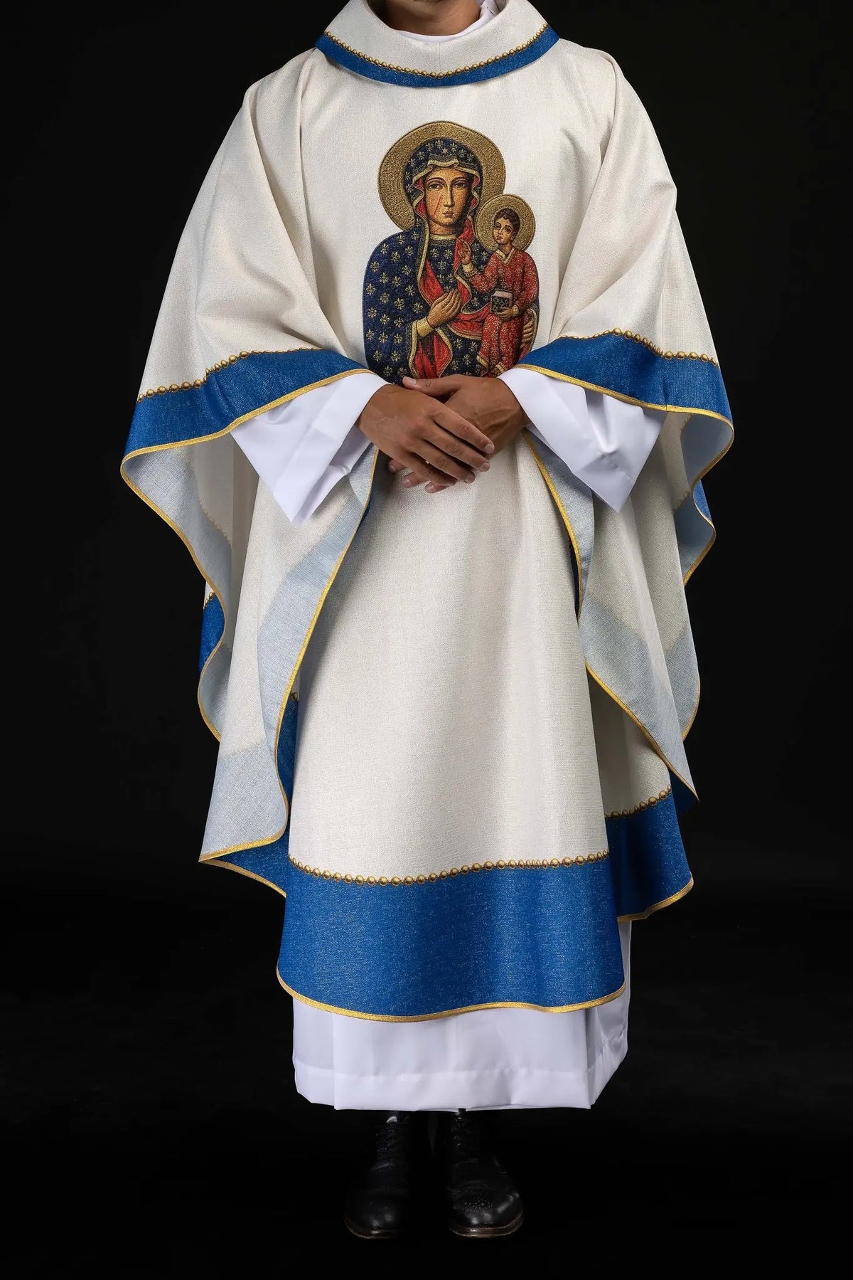 White Chasuble for Our Lady of Częstochowa Celebrations with Printed Image, front view