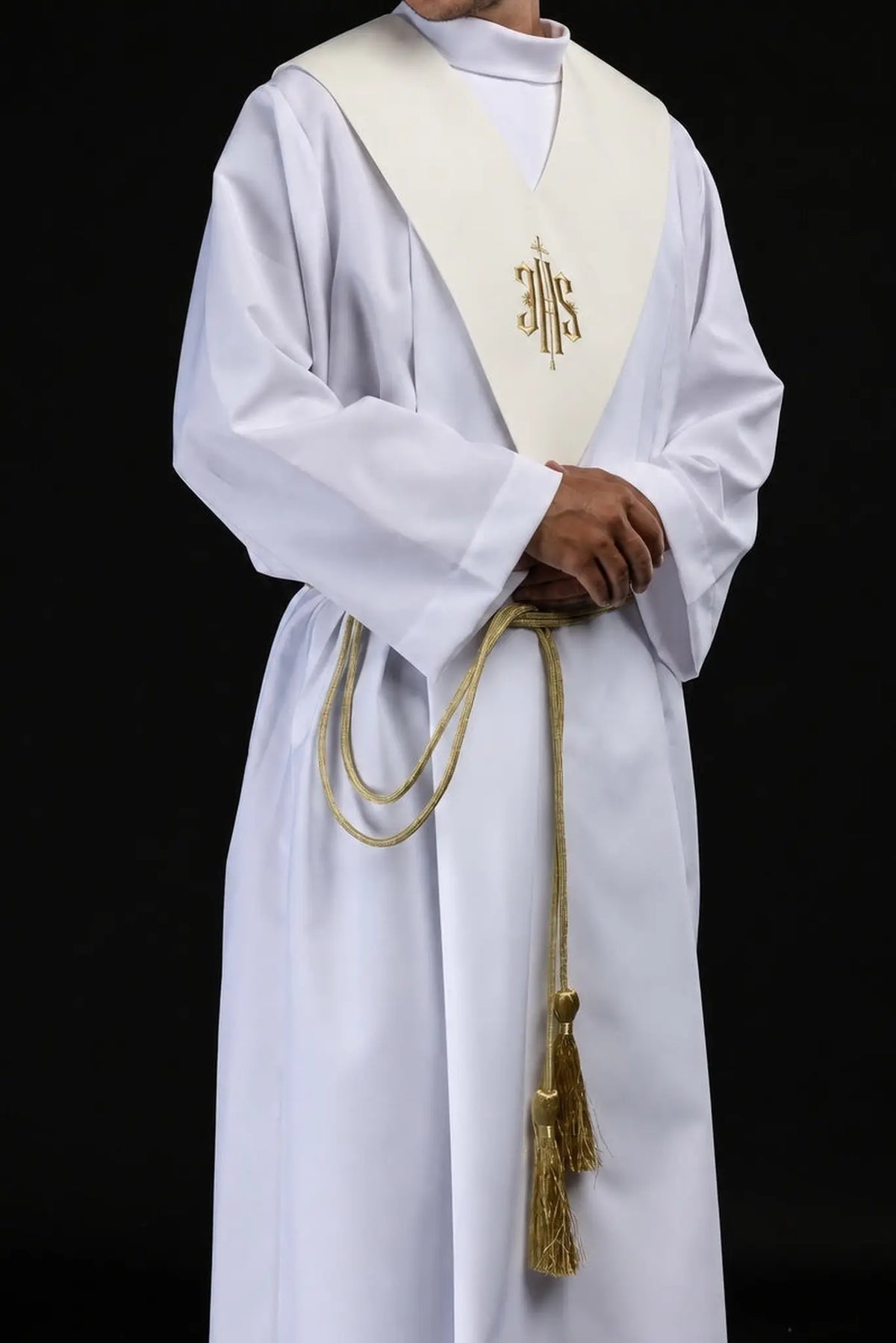 Ecru lector's scapular with IHS Christogram embroidery, angled front view
