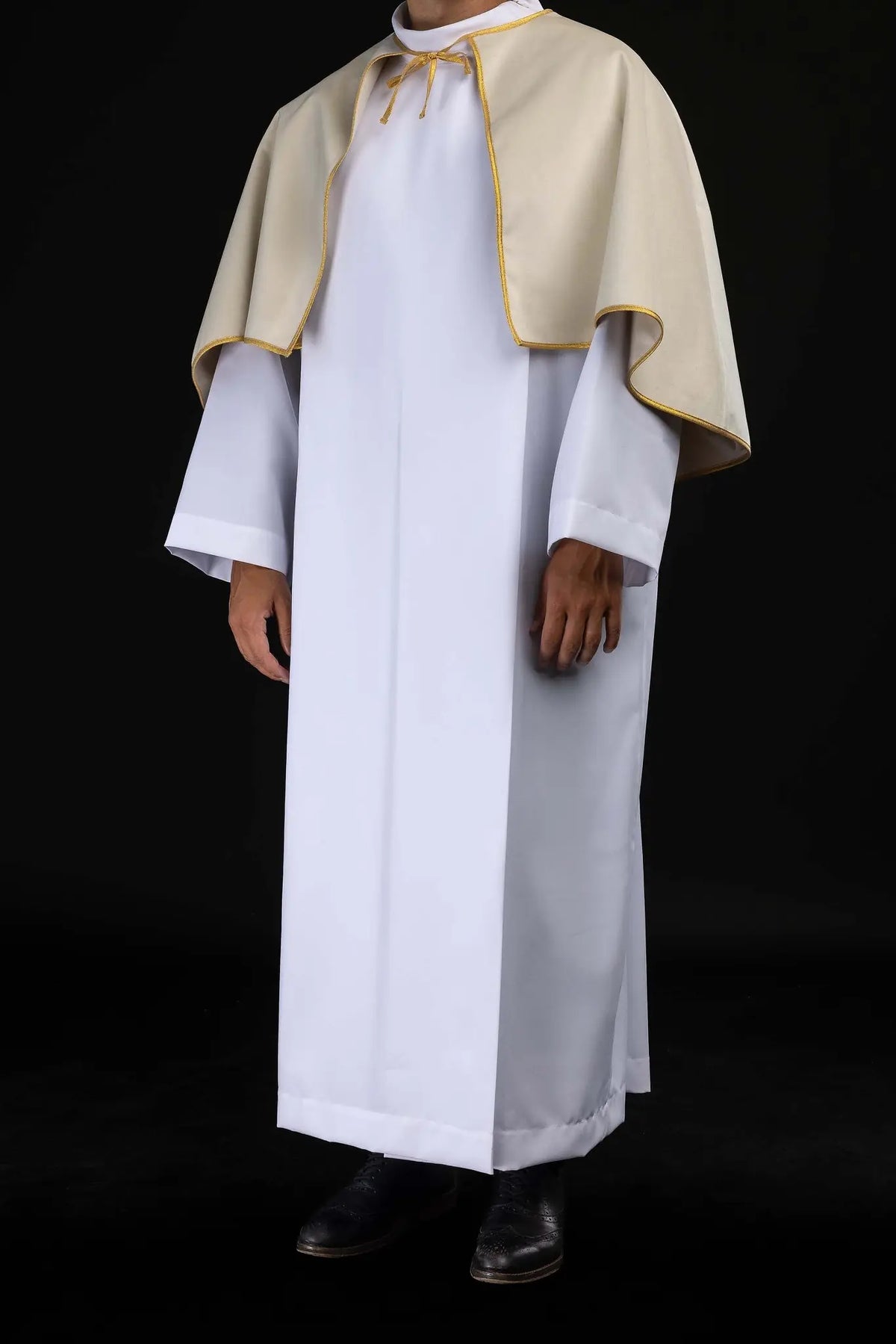 Ecru altar server cape with gold trim, three-quarter front worn view