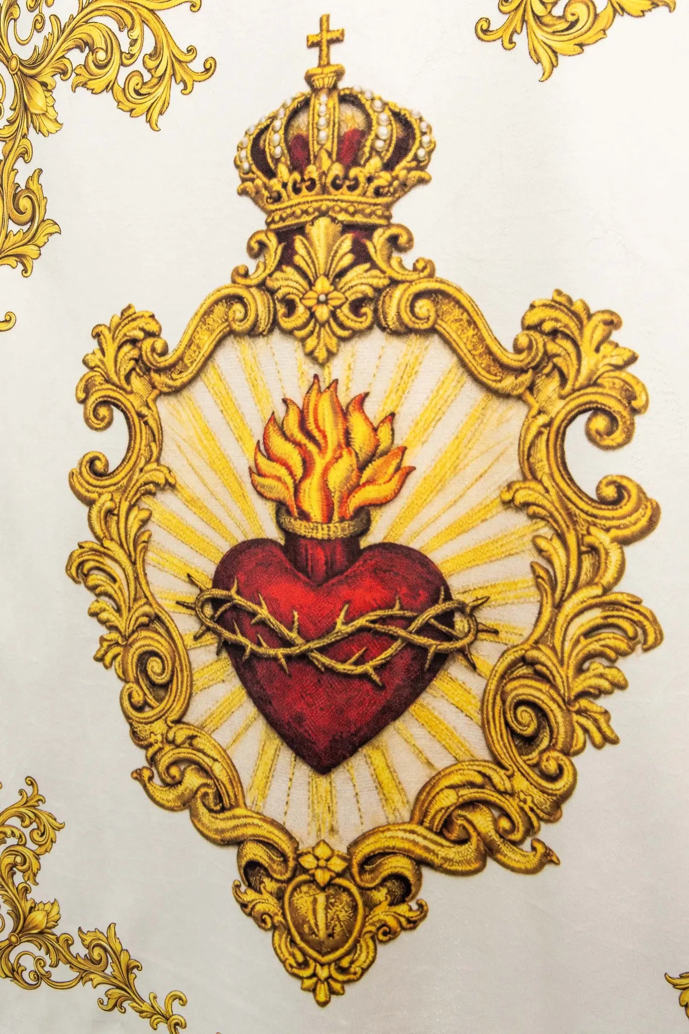 Double-sided printed processional banner featuring the Sacred Heart of Jesus on one side and the IHS symbol on the other, with gold ornamentation.