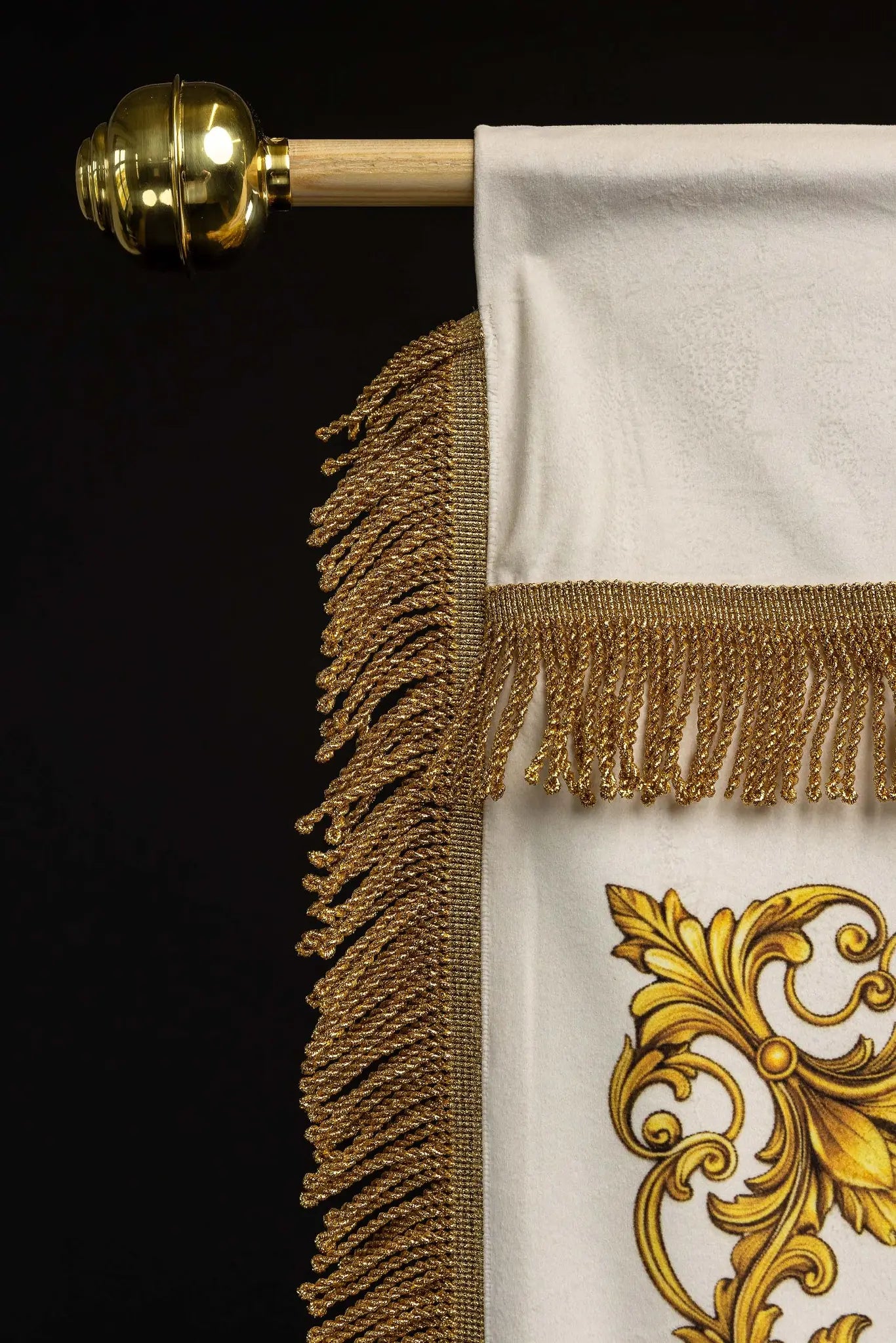 Double-sided printed Marian banner featuring the Immaculate Heart of Mary on one side and a Marian monogram 'M' on the other, with gold ornamentation and crowns.