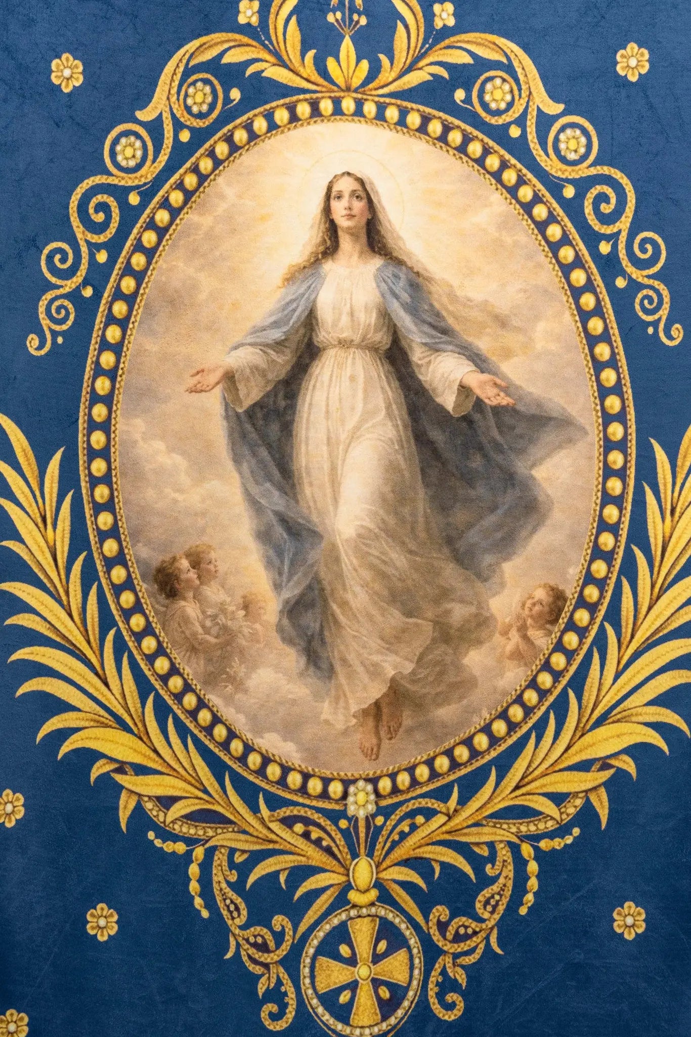 Double-sided processional banner with Our Lady of the Assumption on one side and a Marian monogram on the other, made of velour fabric with gold ornaments and fringes.