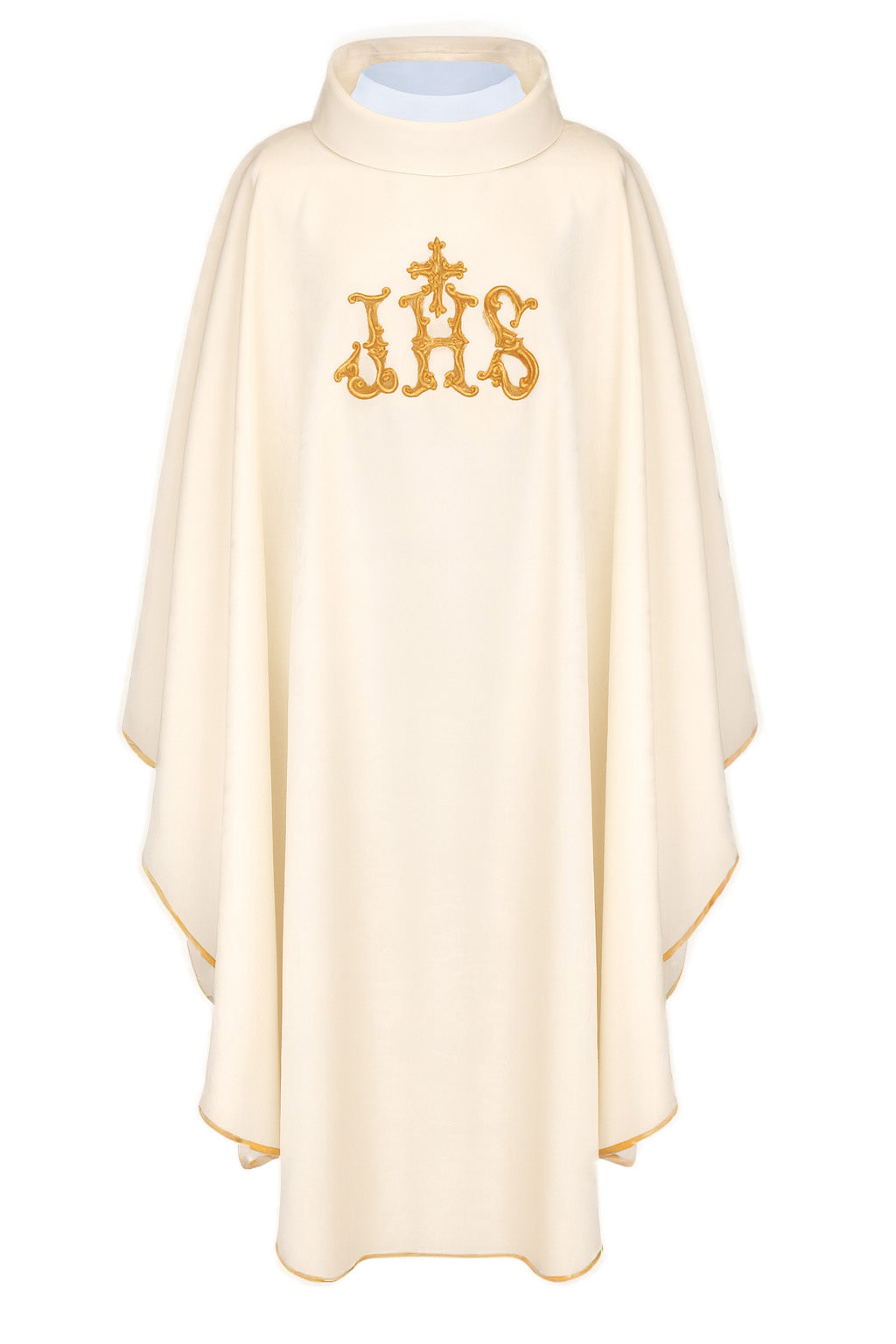Chasuble écrue avec motif IHS et col richement brodé