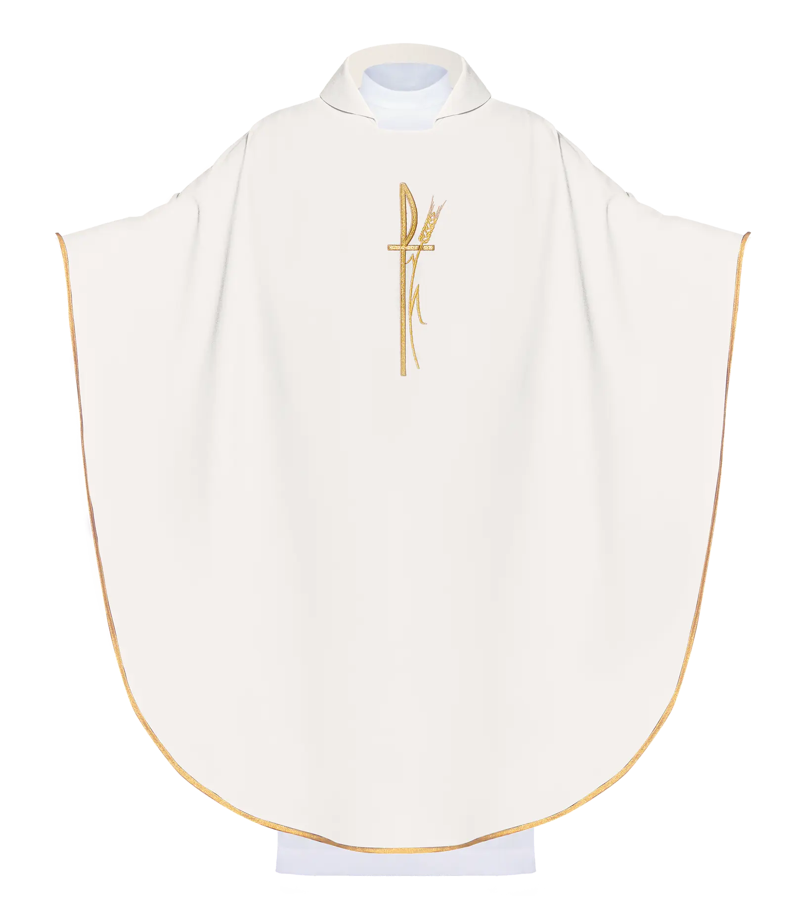 Ecru liturgical chasuble with wide collar and delicately embroidered cross