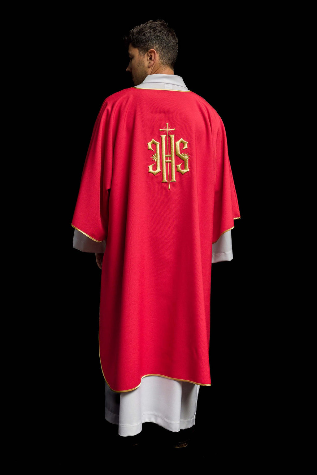 Czerwona Dalmatyka z haftowanym złotym IHS - ORNATY.PL