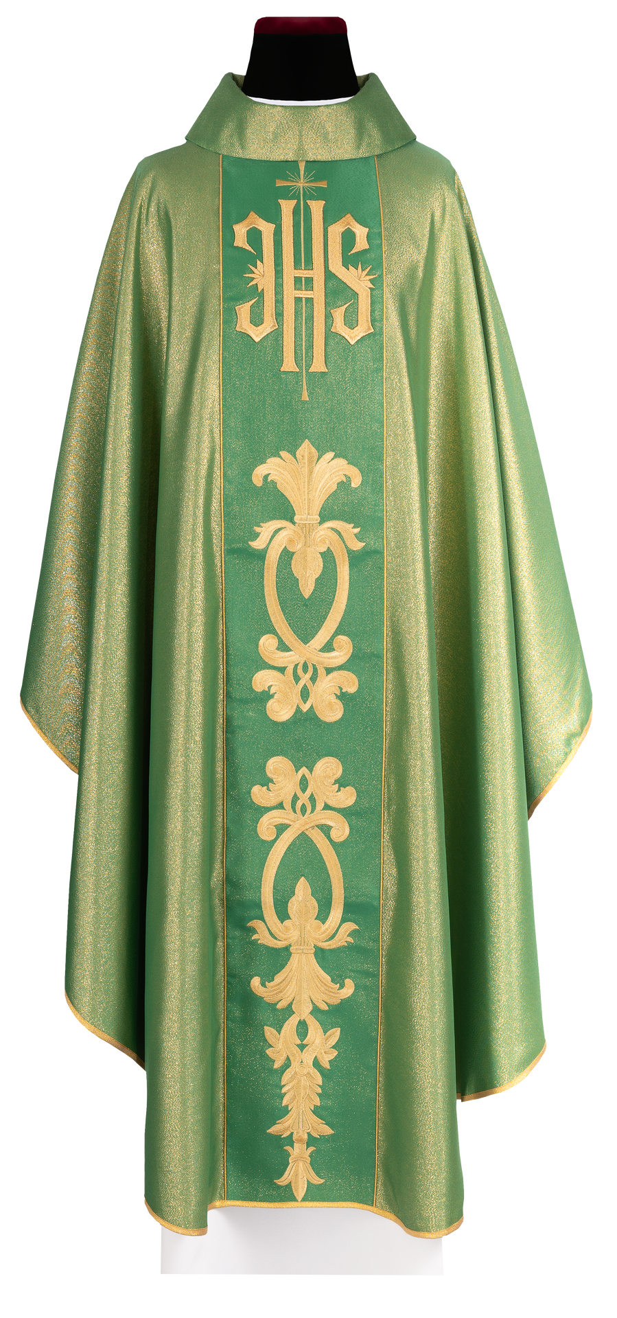 Bogato zdobiony zielony ornat z złotym motywem i szerokim pasem IHS - ORNATY.PL