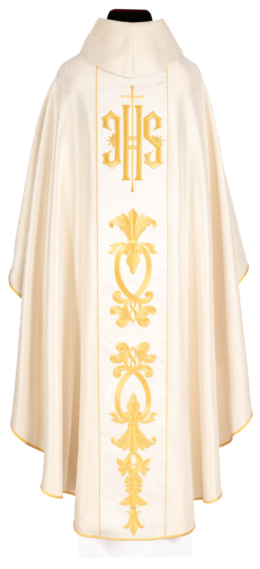 Bogato zdobiony złoty ornat z złotym motywem i szerokim pasem IHS - ORNATY.PL