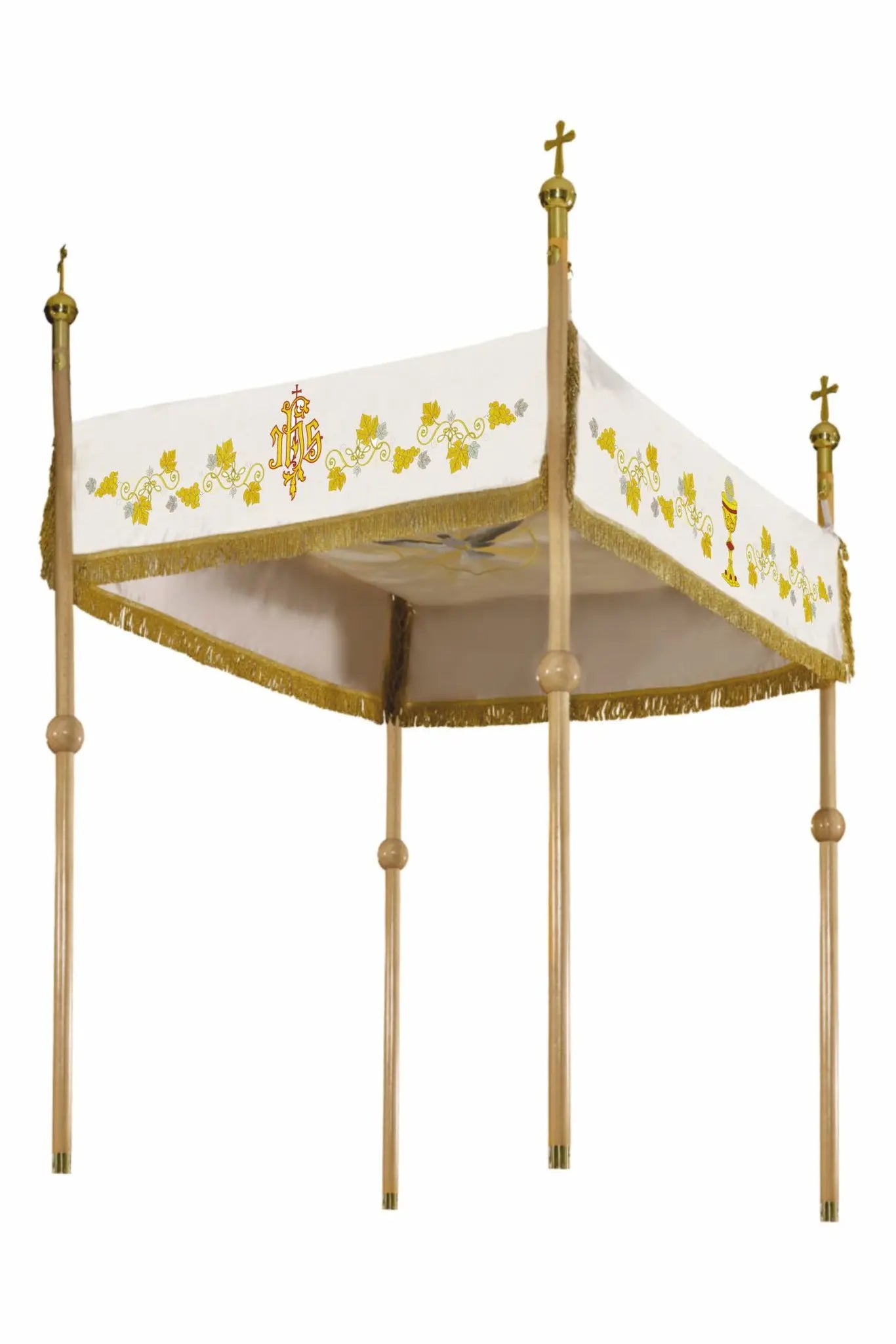 Ecru processional canopy for Corpus Christi with gold IHS embroidery, floral ornaments, and gold fringes.