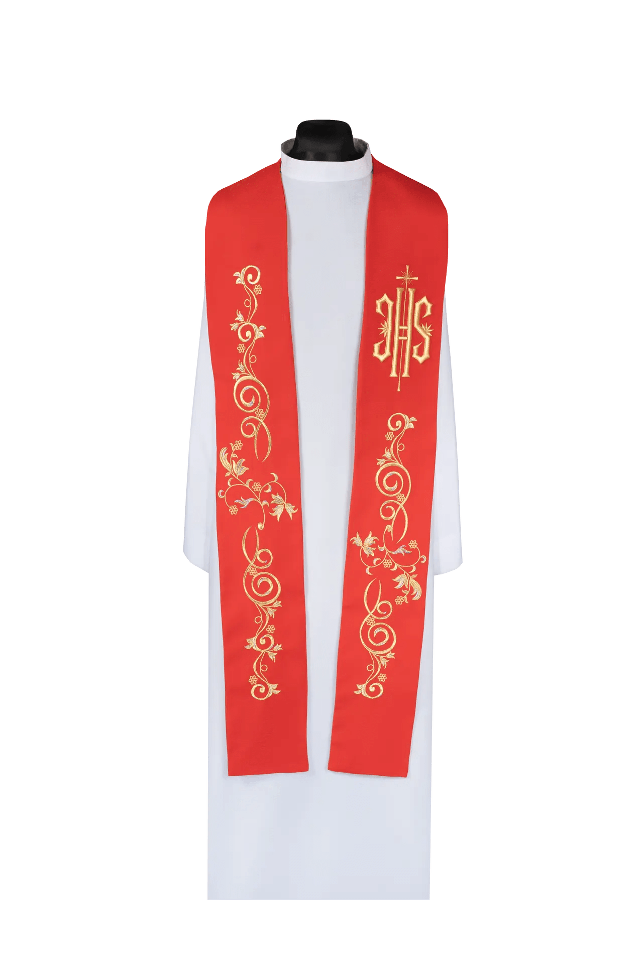 Étole de prêtre brodée avec symbole IHS rouge