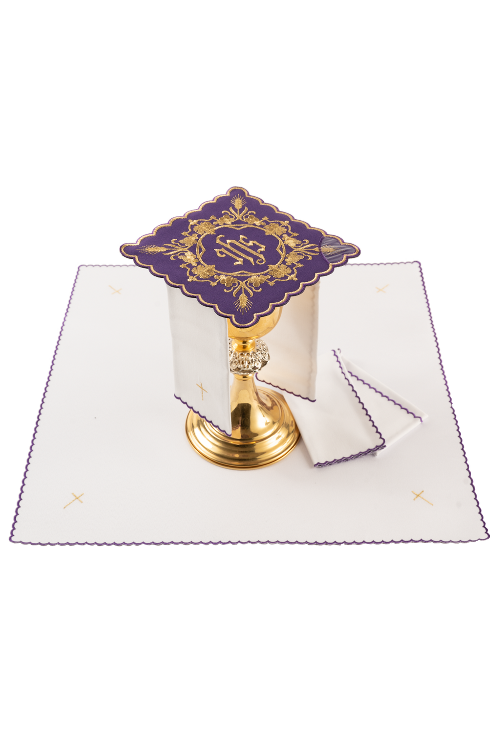 Komplet kielichowy haftowany z motywem IHS fioletowy - ORNATY.PL