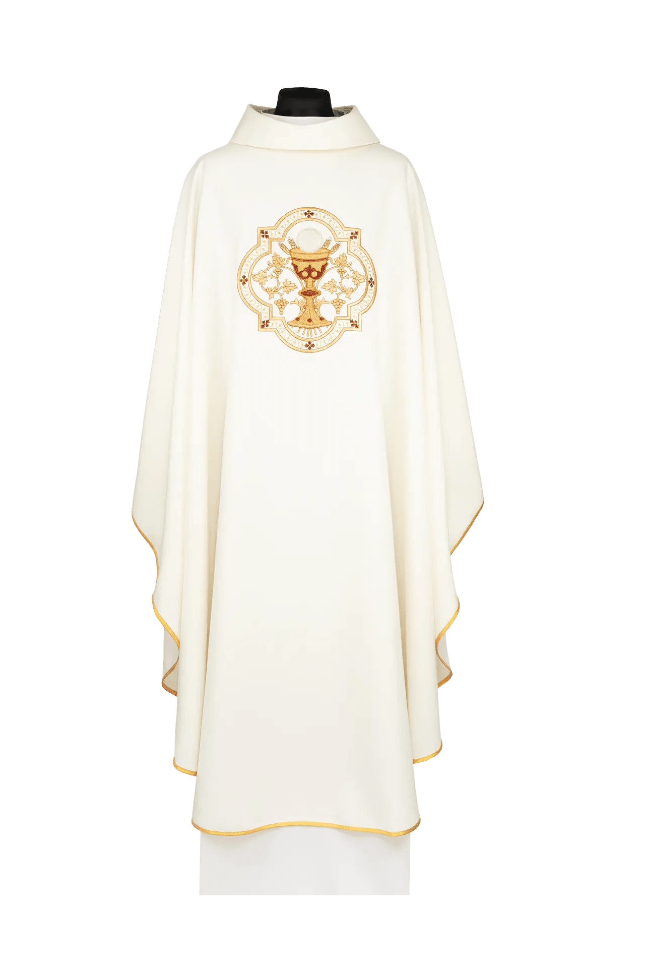 Chasuble brodée avec un motif du calice eucharistique et IHS