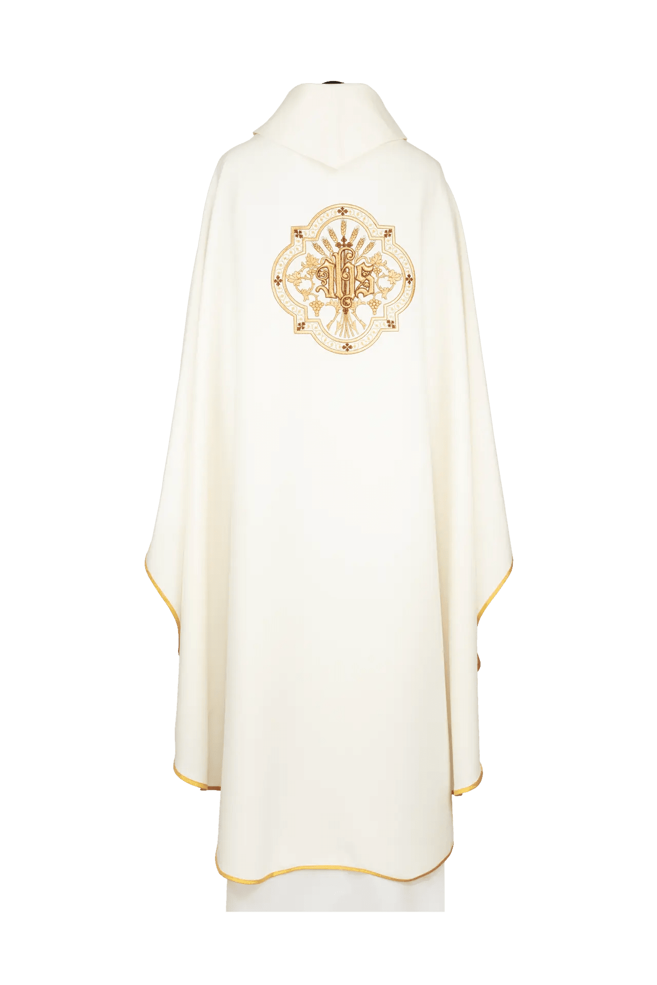 Chasuble brodée avec un motif du calice eucharistique et IHS