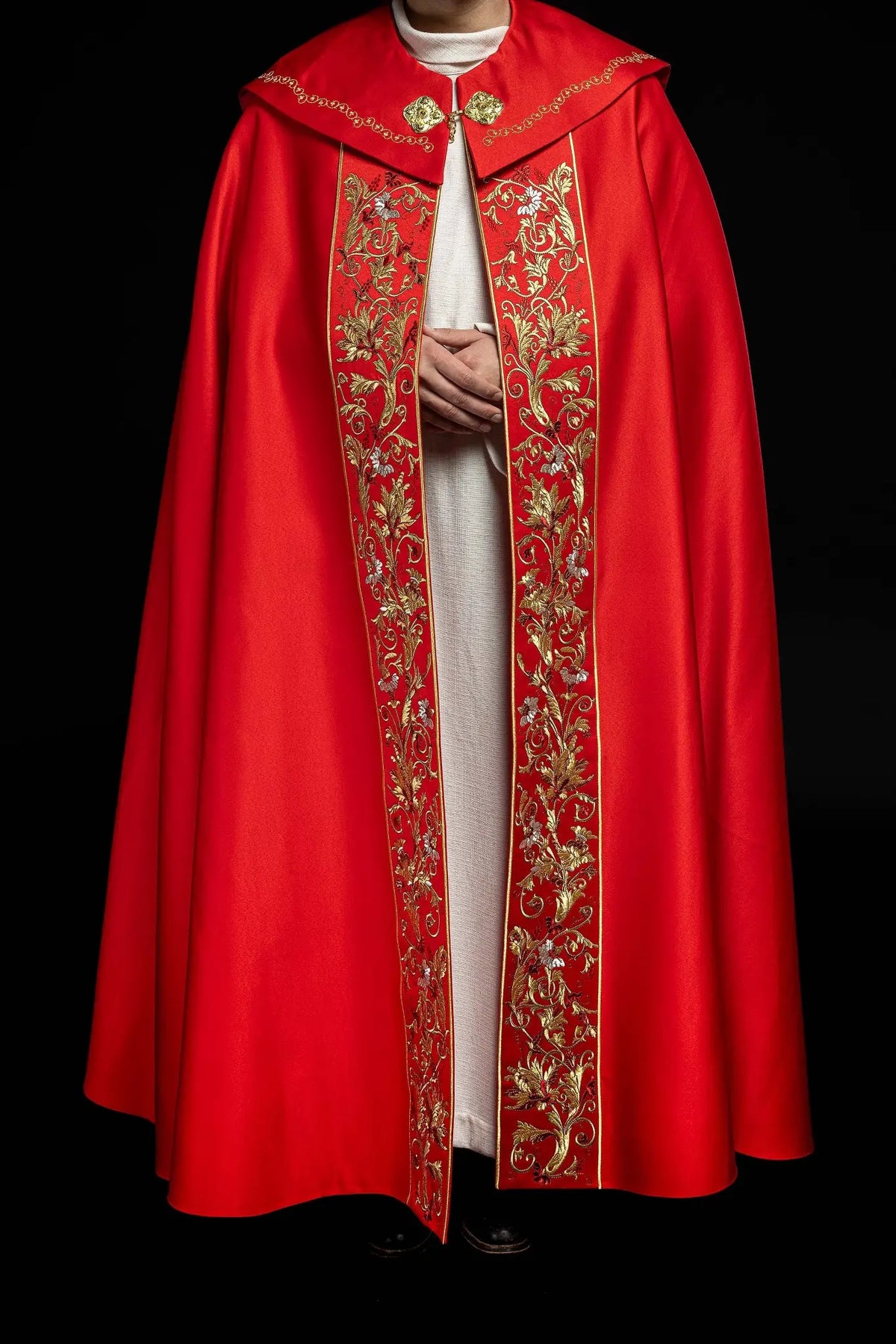 IHS embroidered liturgical cape in red