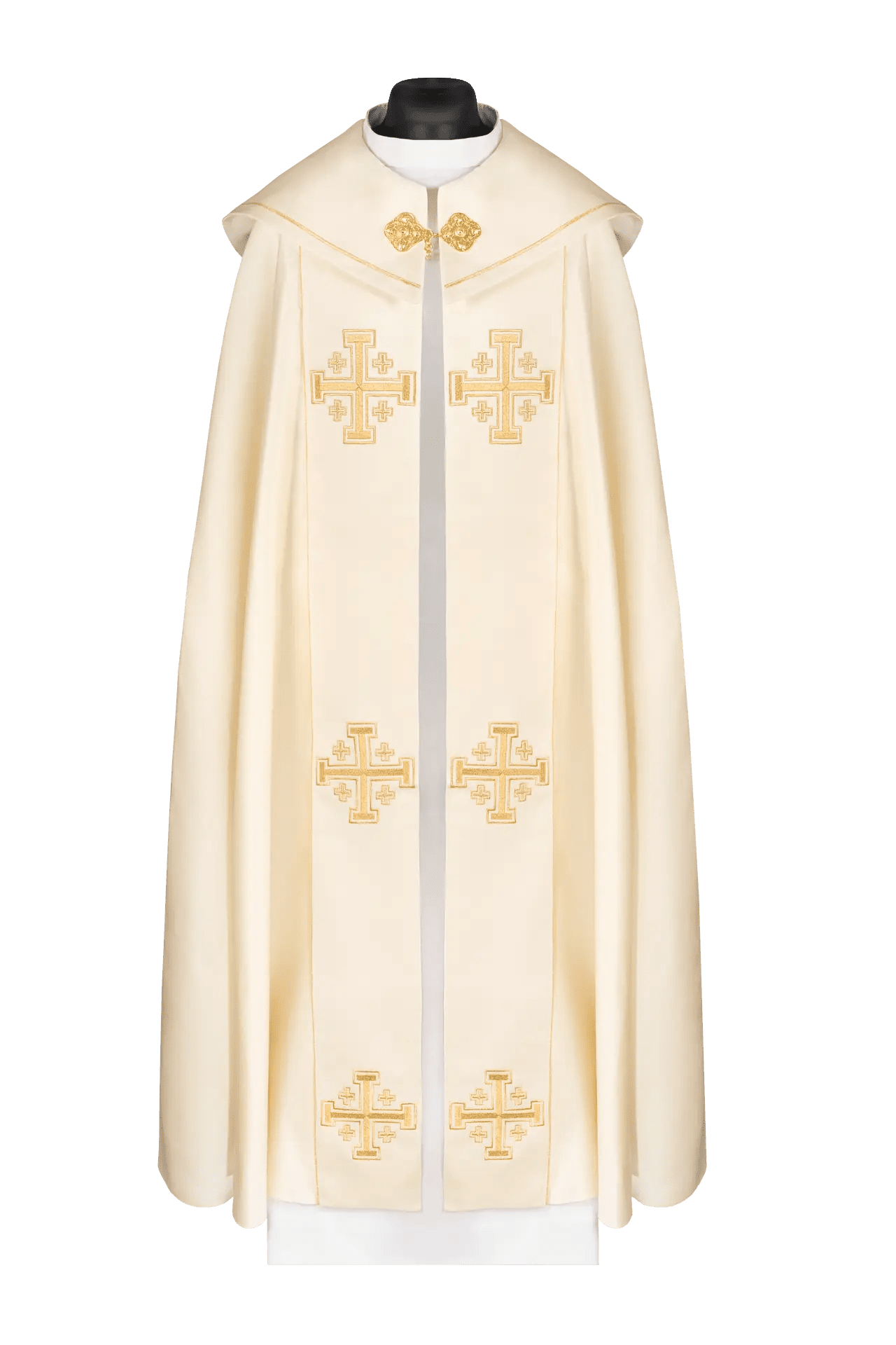 Chape liturgique écrue avec orfrois et croix brodées
