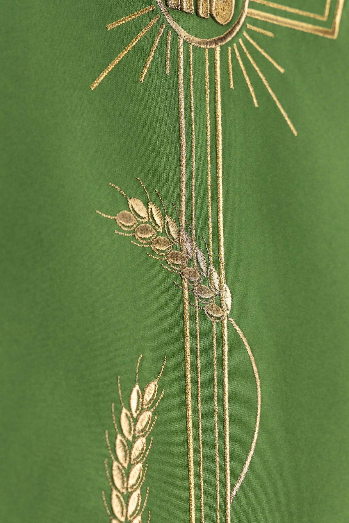 Étole de lutrin verte avec croix IHS et broderie d’épis de blé