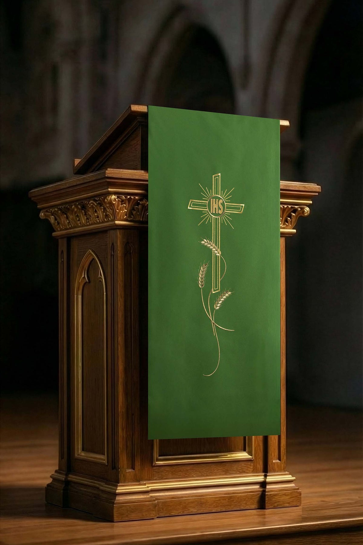 Étole de lutrin verte avec croix IHS et broderie d’épis de blé